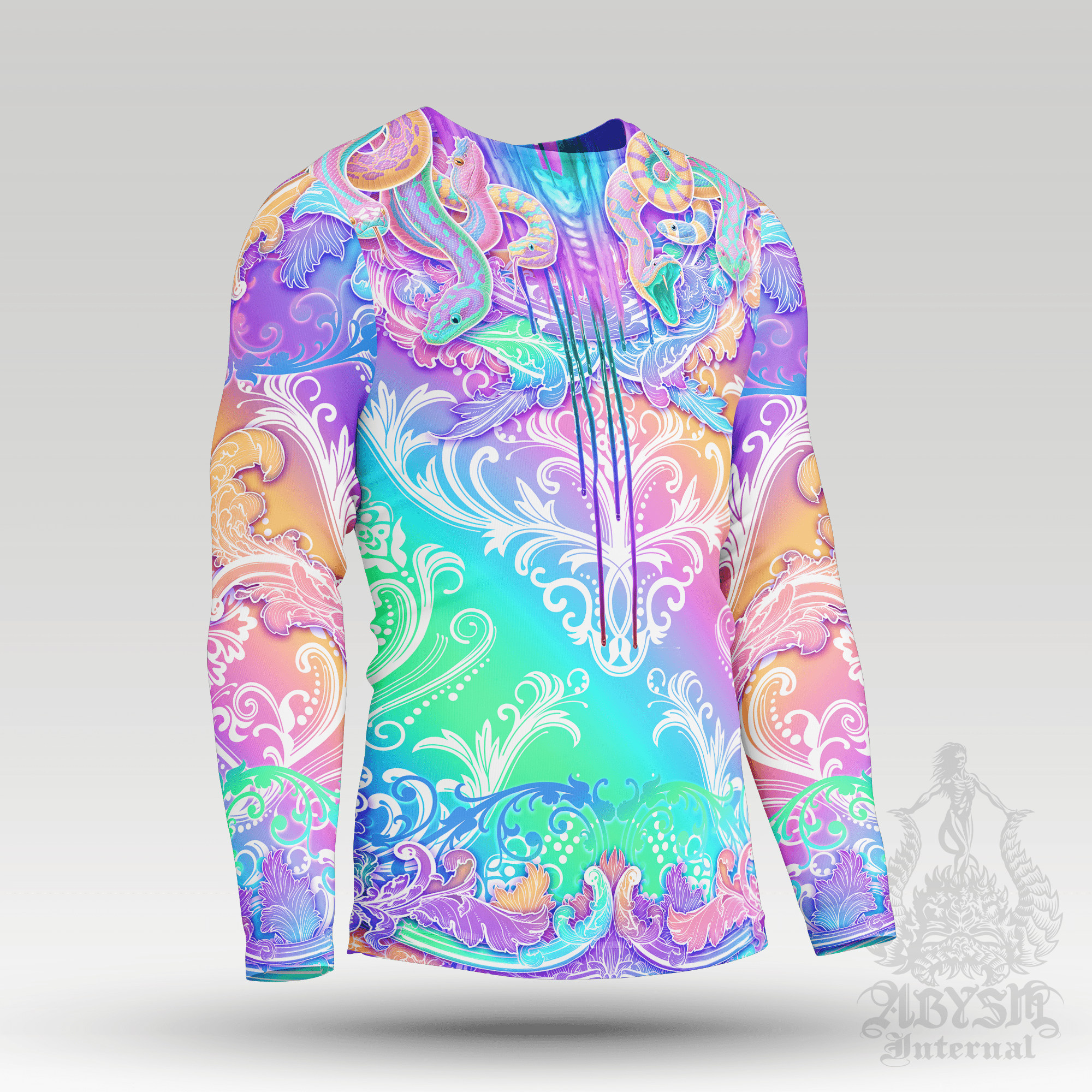 Trippy Skull Rash Guard - Harajuku Pastel Medusa Long Sleeve Surf Shirt, Psychedelic Aesthetic Gorgon Sports Top | Trippy Mythology Fantasy Art UV Protection Activewear for Men and Women - Abysm Internal