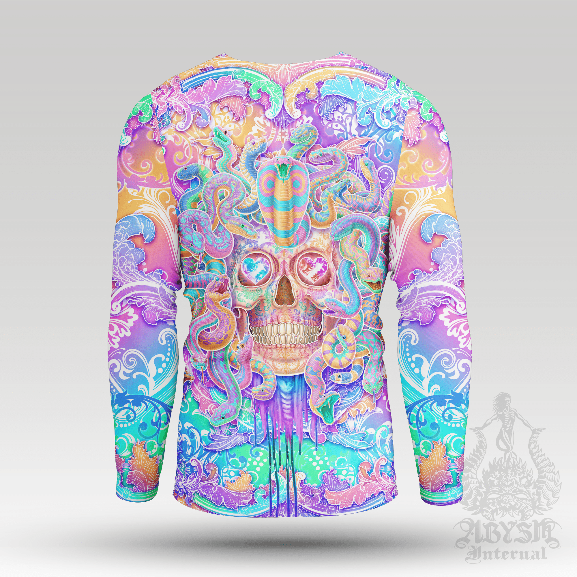 Trippy Skull Rash Guard - Harajuku Pastel Medusa Long Sleeve Surf Shirt, Psychedelic Aesthetic Gorgon Sports Top | Trippy Mythology Fantasy Art UV Protection Activewear for Men and Women - Abysm Internal