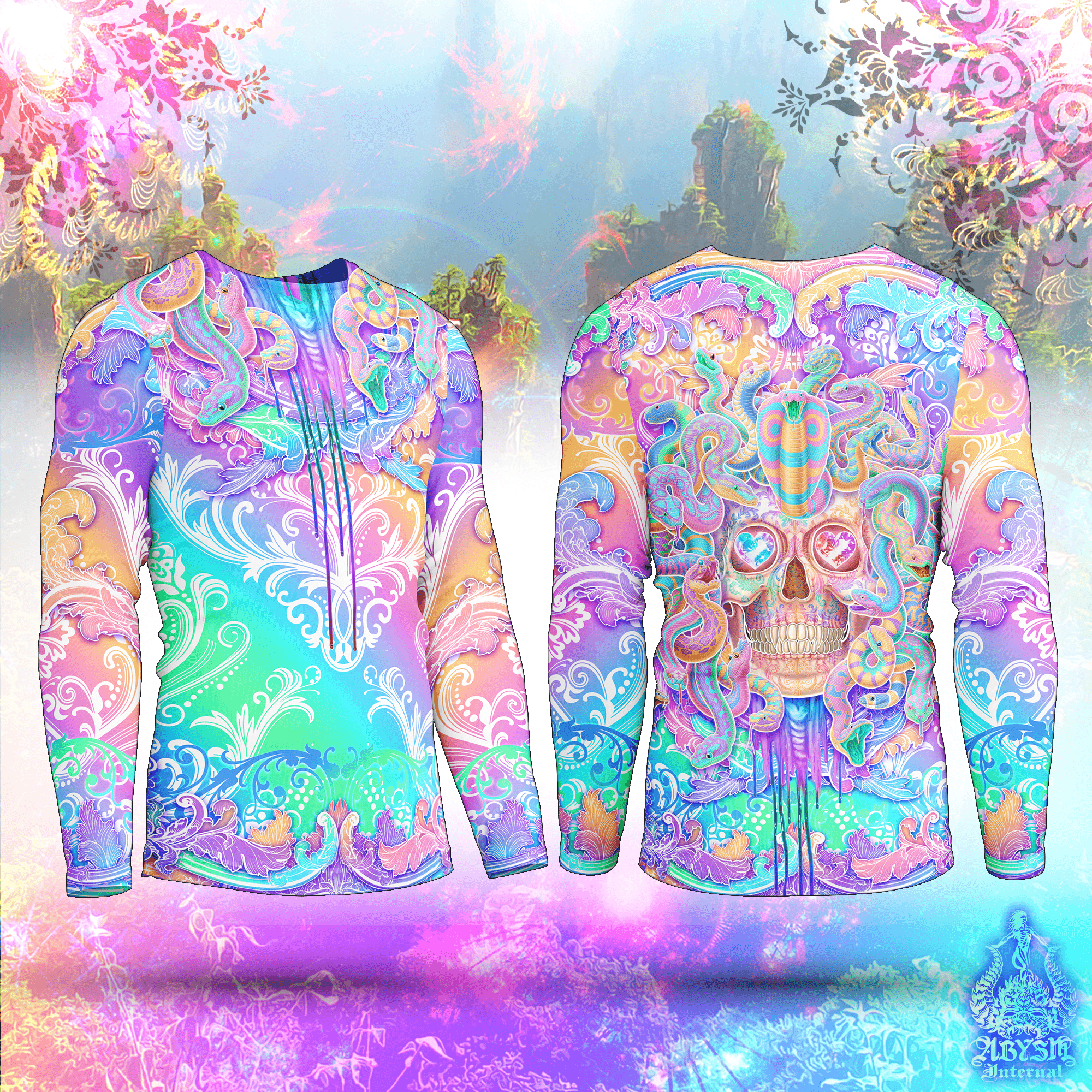 Trippy Skull Rash Guard - Harajuku Pastel Medusa Long Sleeve Surf Shirt, Psychedelic Aesthetic Gorgon Sports Top | Trippy Mythology Fantasy Art UV Protection Activewear for Men and Women - Abysm Internal