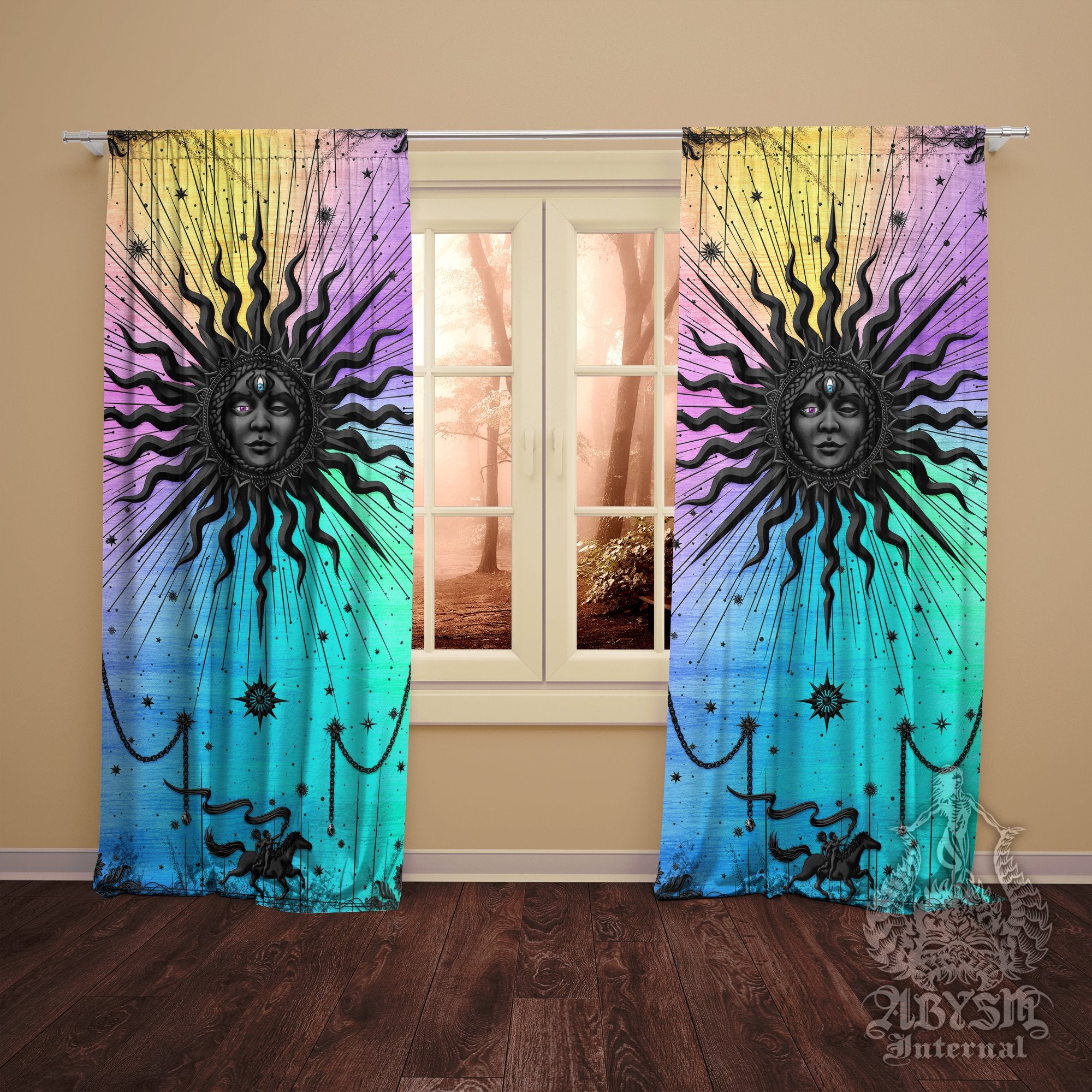 Trippy Sun Curtains, 50x84' Printed Window Panels, Psychedelic Home Decor, Tarot Arcana, Indie and Esoteric Art Print - Pastel Black - Abysm Internal
