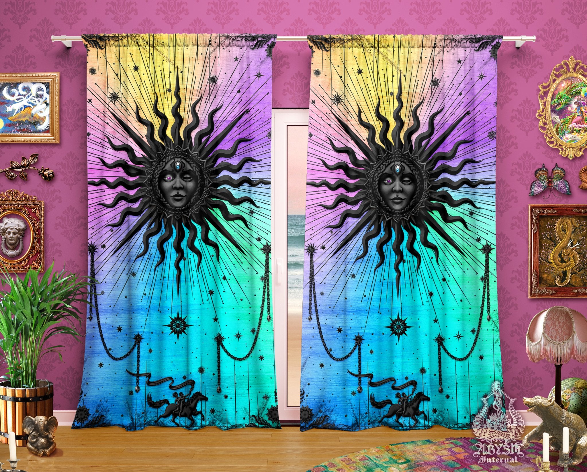 Trippy Sun Curtains, 50x84' Printed Window Panels, Psychedelic Home Decor, Tarot Arcana, Indie and Esoteric Art Print - Pastel Black - Abysm Internal