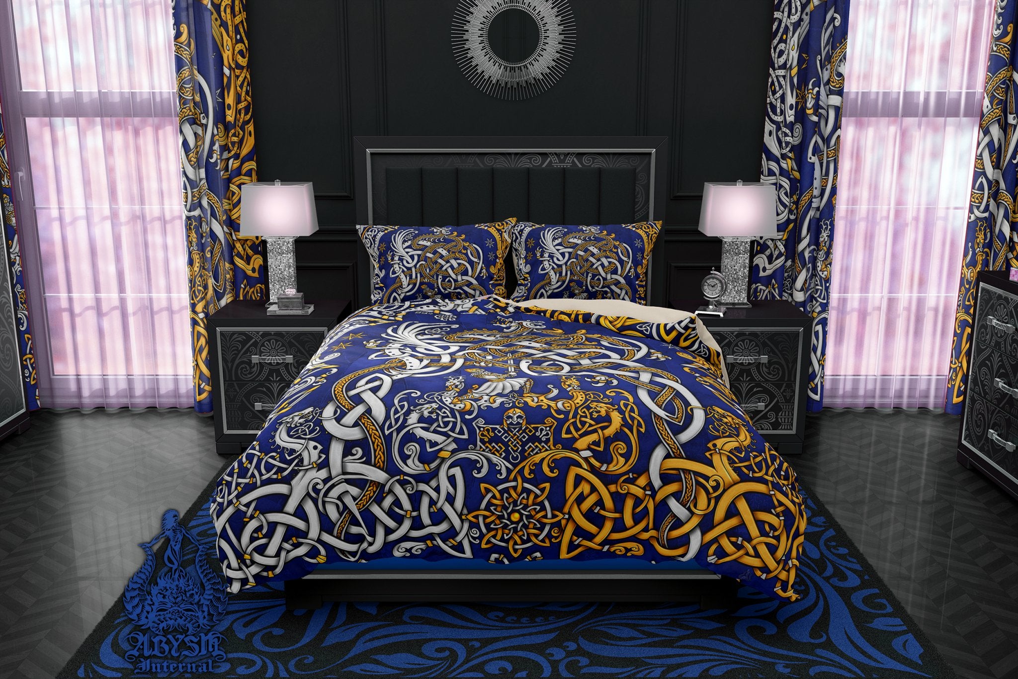 Viking Bedding Set, Comforter or Duvet, Norse Bed Cover and Bedroom Decor, Sigurd kills Dragon Fafnir, King, Queen & Twin Size - Gold 3 Colors: Black, Red, Blue - Abysm Internal