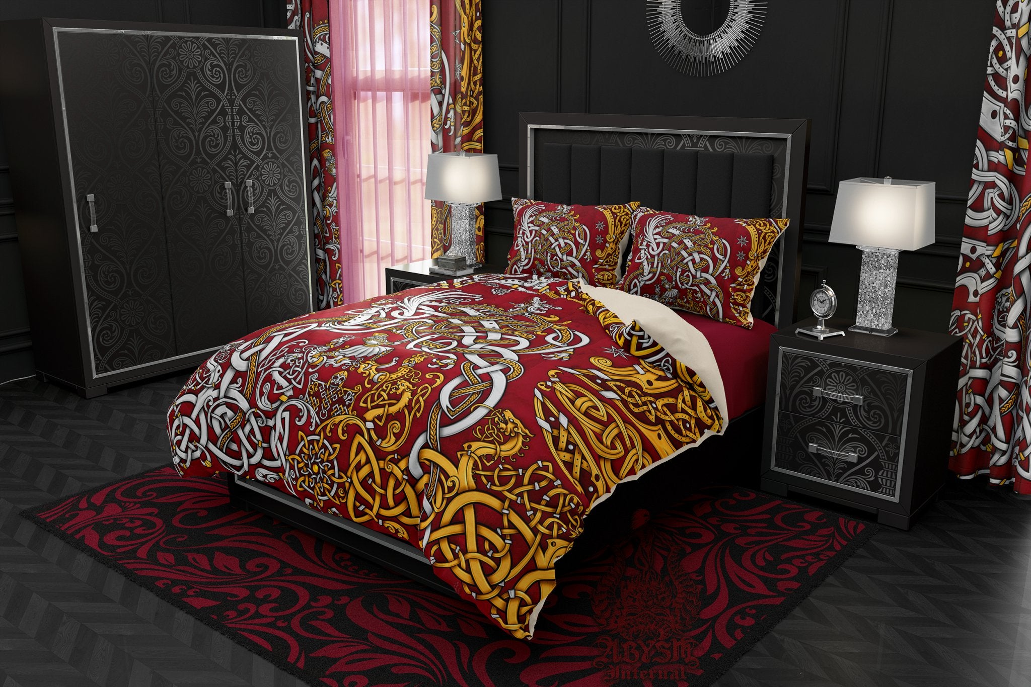 Viking Bedding Set, Comforter or Duvet, Norse Bed Cover and Bedroom Decor, Sigurd kills Dragon Fafnir, King, Queen & Twin Size - Gold 3 Colors: Black, Red, Blue - Abysm Internal