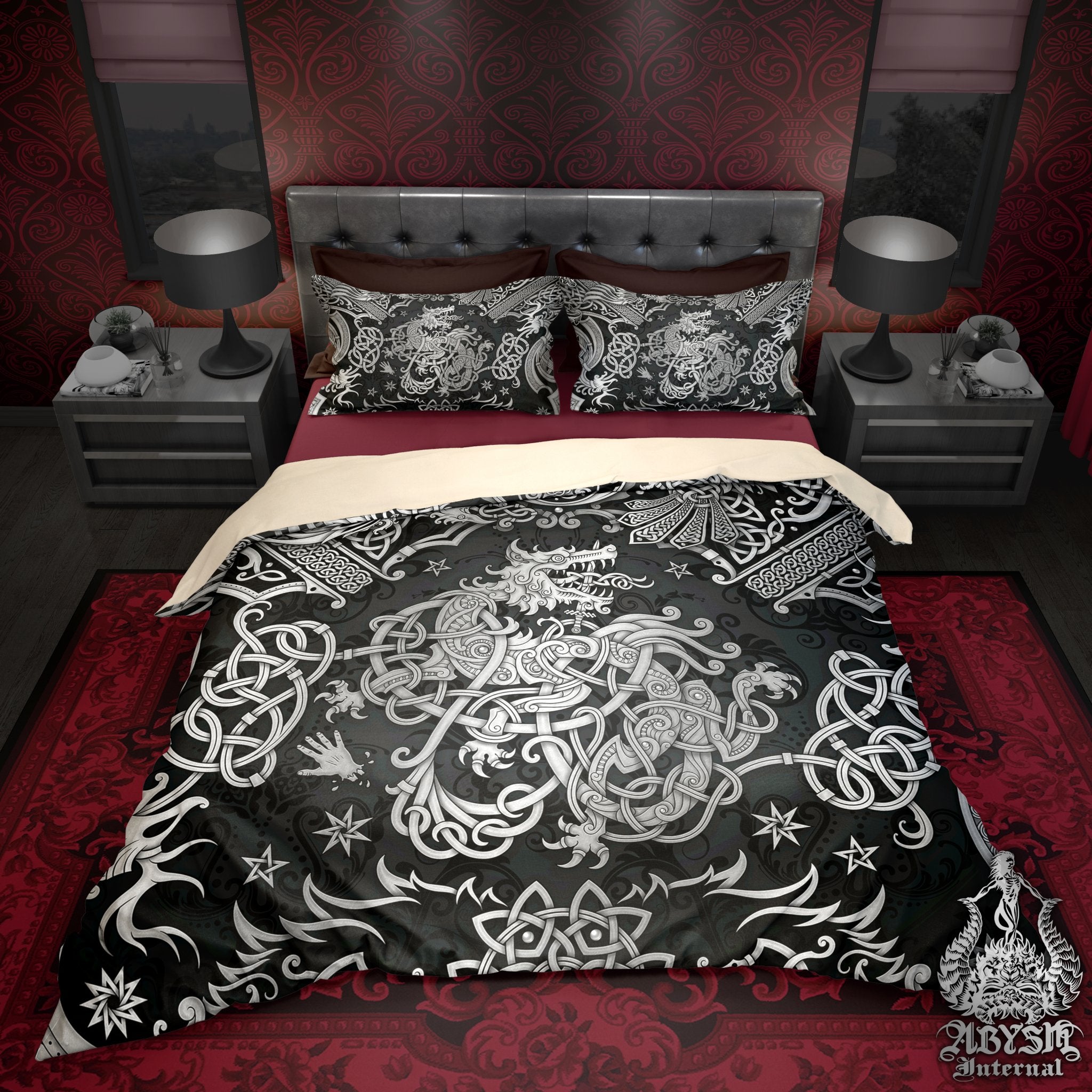 Viking Bedding Set, Comforter or Duvet, Norse Wolf Bed Cover and Bedroom Decor, Viking Art Print, King, Queen & Twin Size - Dark - Abysm Internal