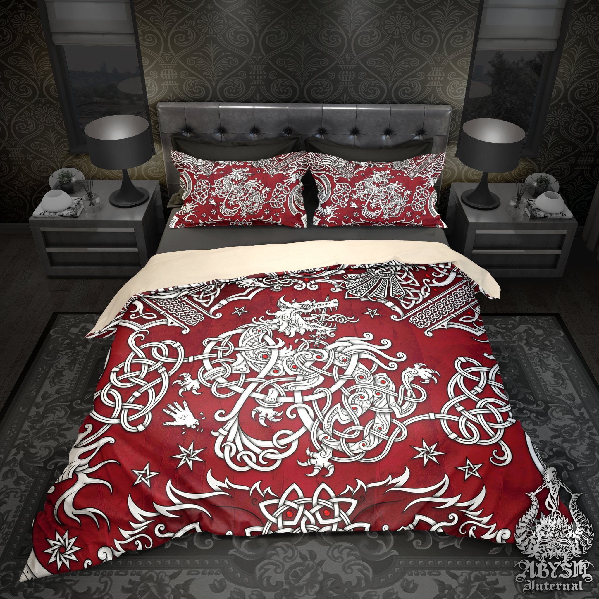 Viking Bedding Set, Comforter or Duvet, Norse Wolf Bed Cover and Bedroom Decor, Viking Art Print, King, Queen & Twin Size - White and 3 Colors: Red, Black, Blue - Abysm Internal