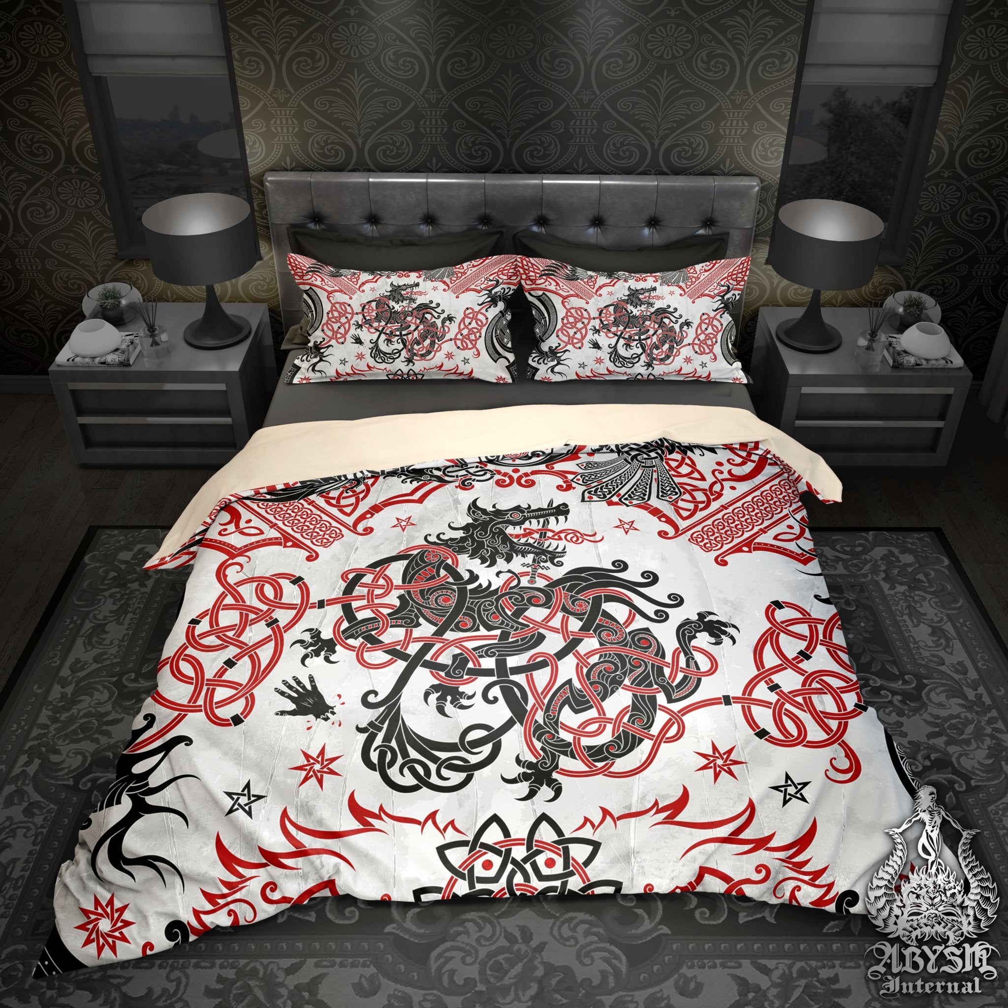 Viking Bedding Set, Comforter or Duvet, Norse Wolf Bed Cover and Bedroom Decor, Viking Art Print, King, Queen & Twin Size - White Red Black - Abysm Internal