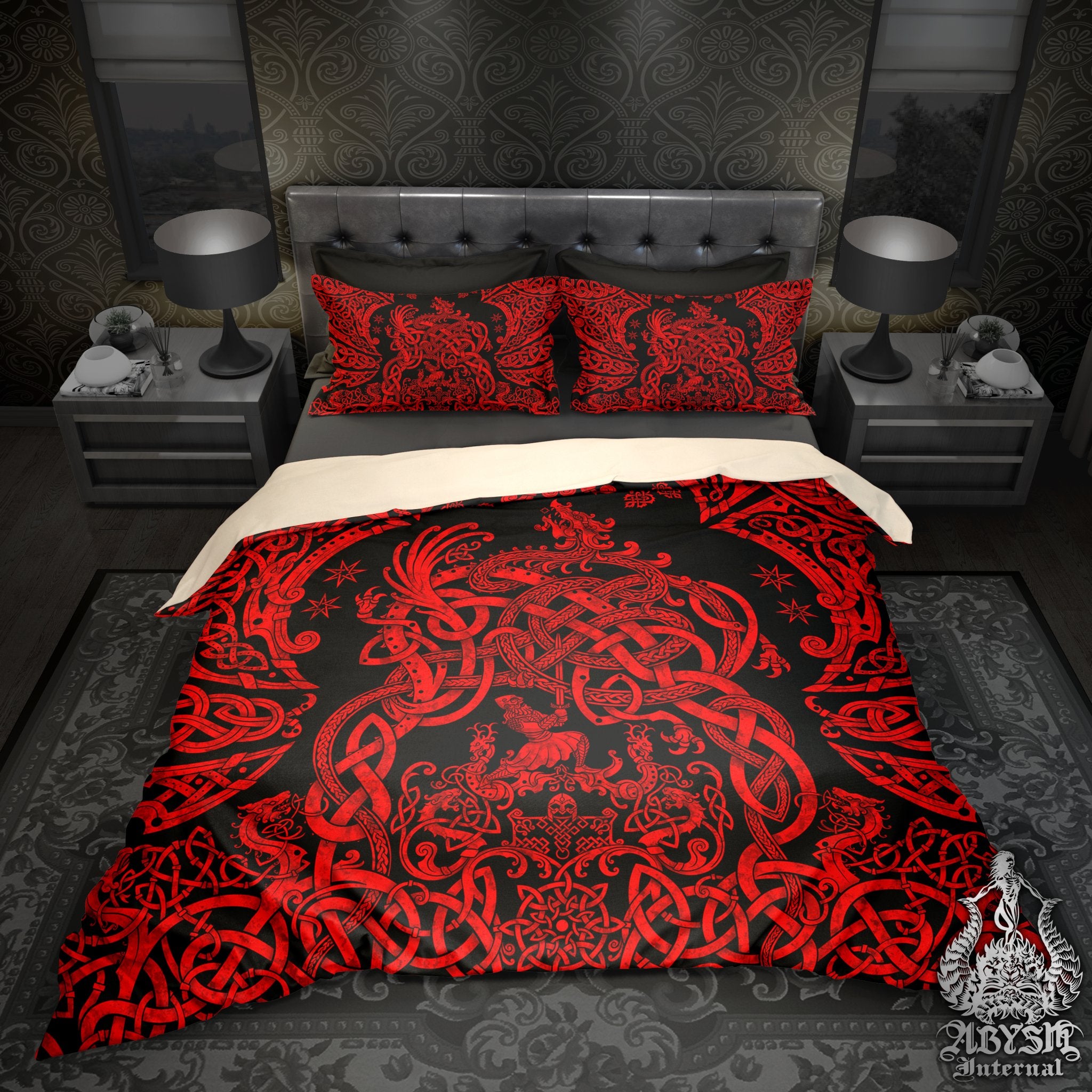 Viking Comforter or Duvet, Black and Red Bed Cover, Norse Bedroom Decor, Nordic Art, Sigurd kills Dragon Fafnir, King, Queen & Twin Bedding Set - Abysm Internal