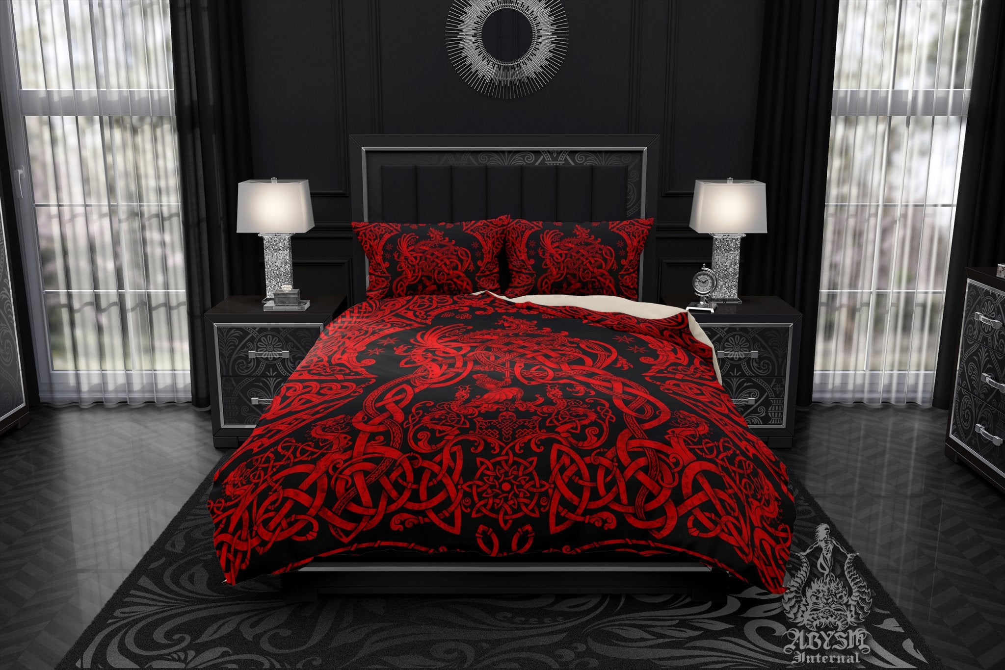 Viking Comforter or Duvet, Black and Red Bed Cover, Norse Bedroom Decor, Nordic Art, Sigurd kills Dragon Fafnir, King, Queen & Twin Bedding Set - Abysm Internal