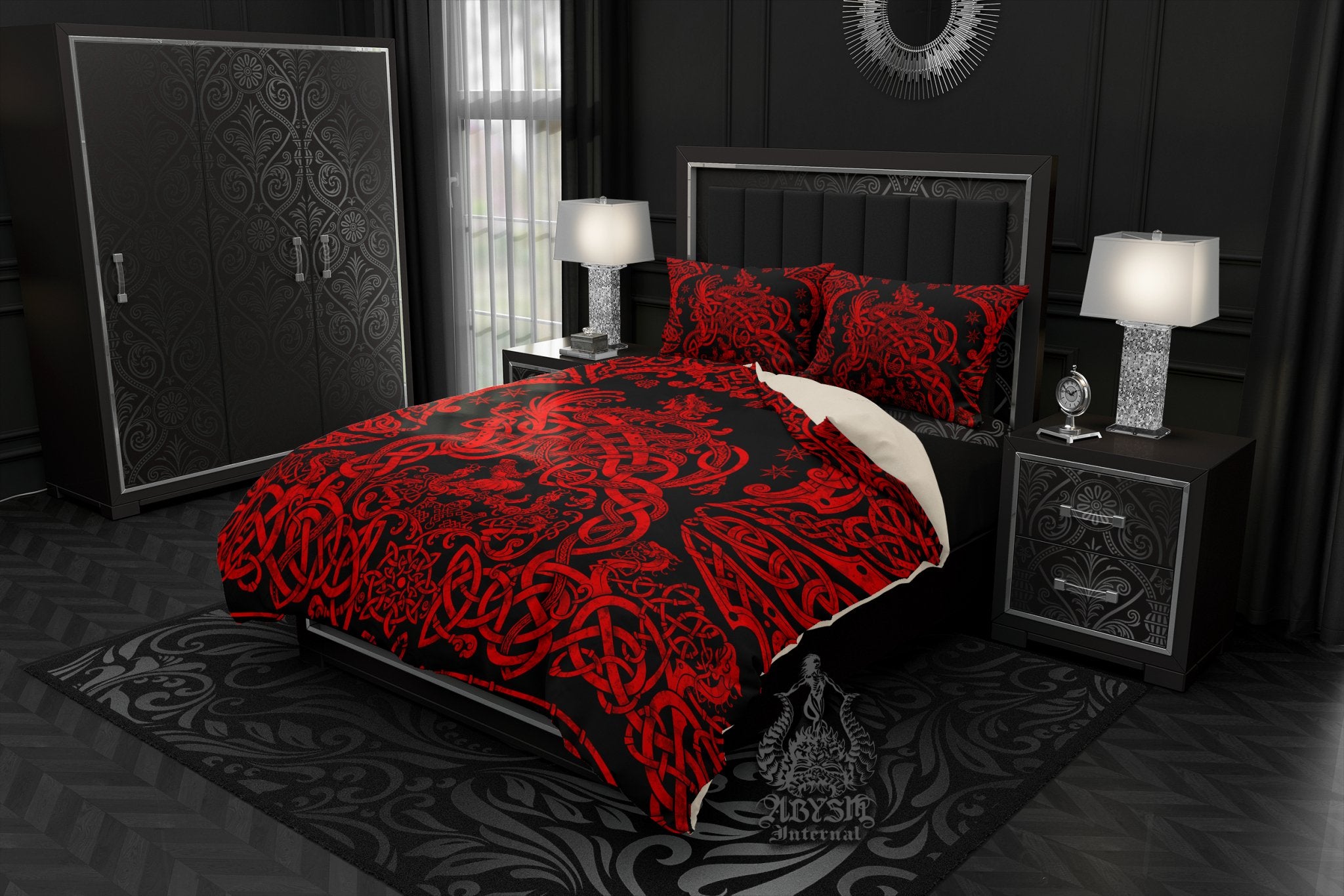 Viking Comforter or Duvet, Black and Red Bed Cover, Norse Bedroom Decor, Nordic Art, Sigurd kills Dragon Fafnir, King, Queen & Twin Bedding Set - Abysm Internal