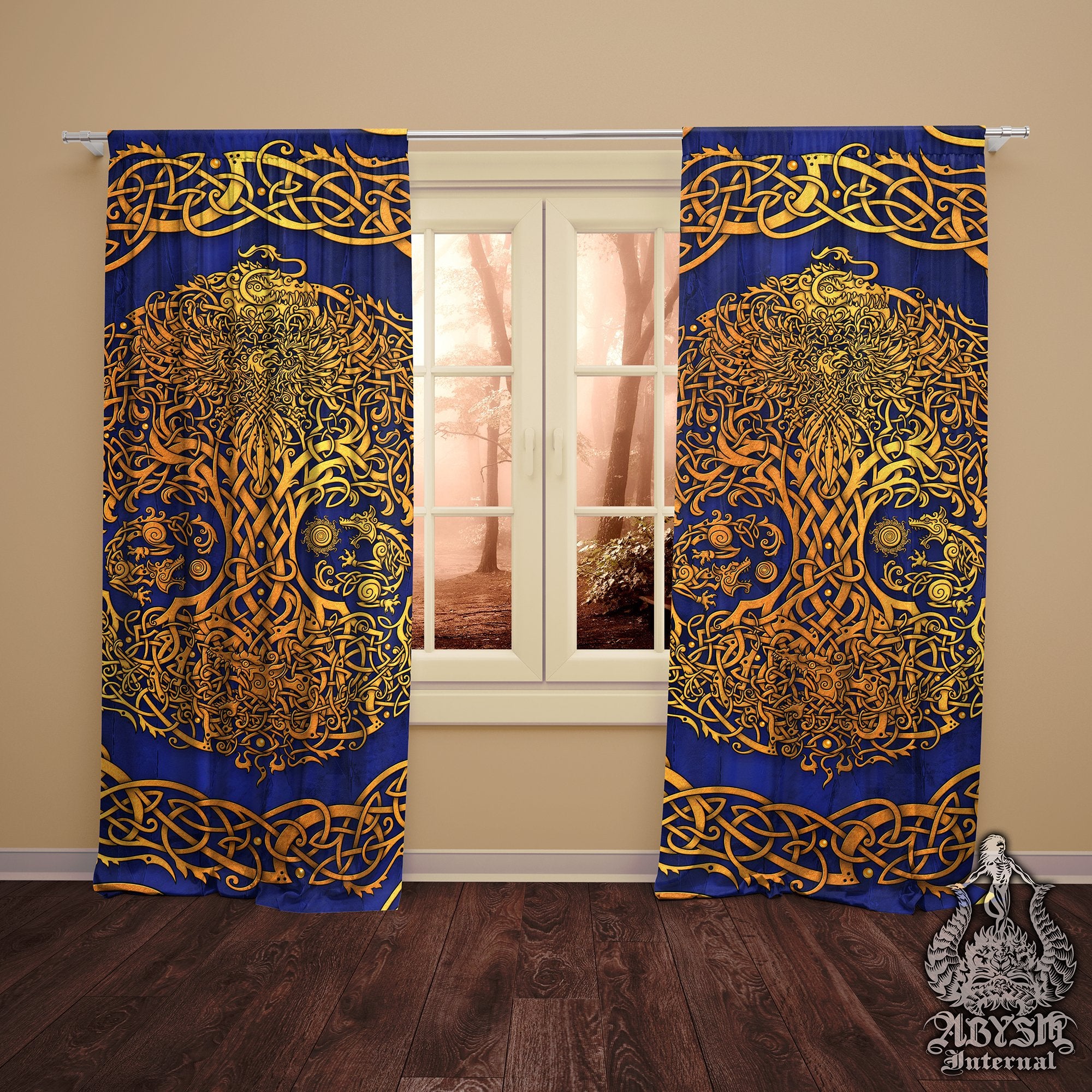 Viking Curtains, 50x84' Printed Window Panels, Gold Yggdrasil, Nordic Tree of Life, Pagan Room Decor, Art Print - 3 Colors - Abysm Internal