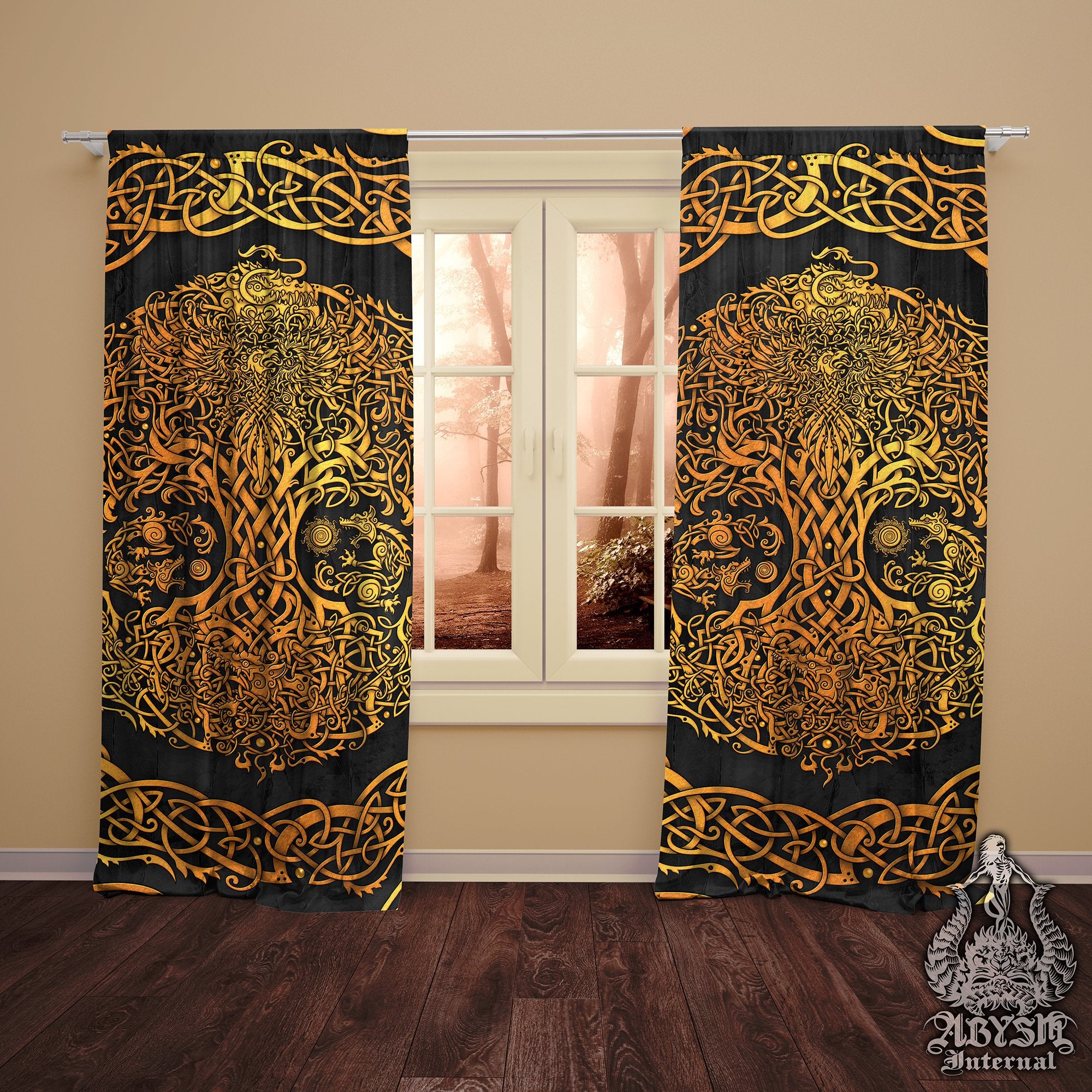 Viking Curtains, 50x84' Printed Window Panels, Gold Yggdrasil, Nordic Tree of Life, Pagan Room Decor, Art Print - 3 Colors - Abysm Internal