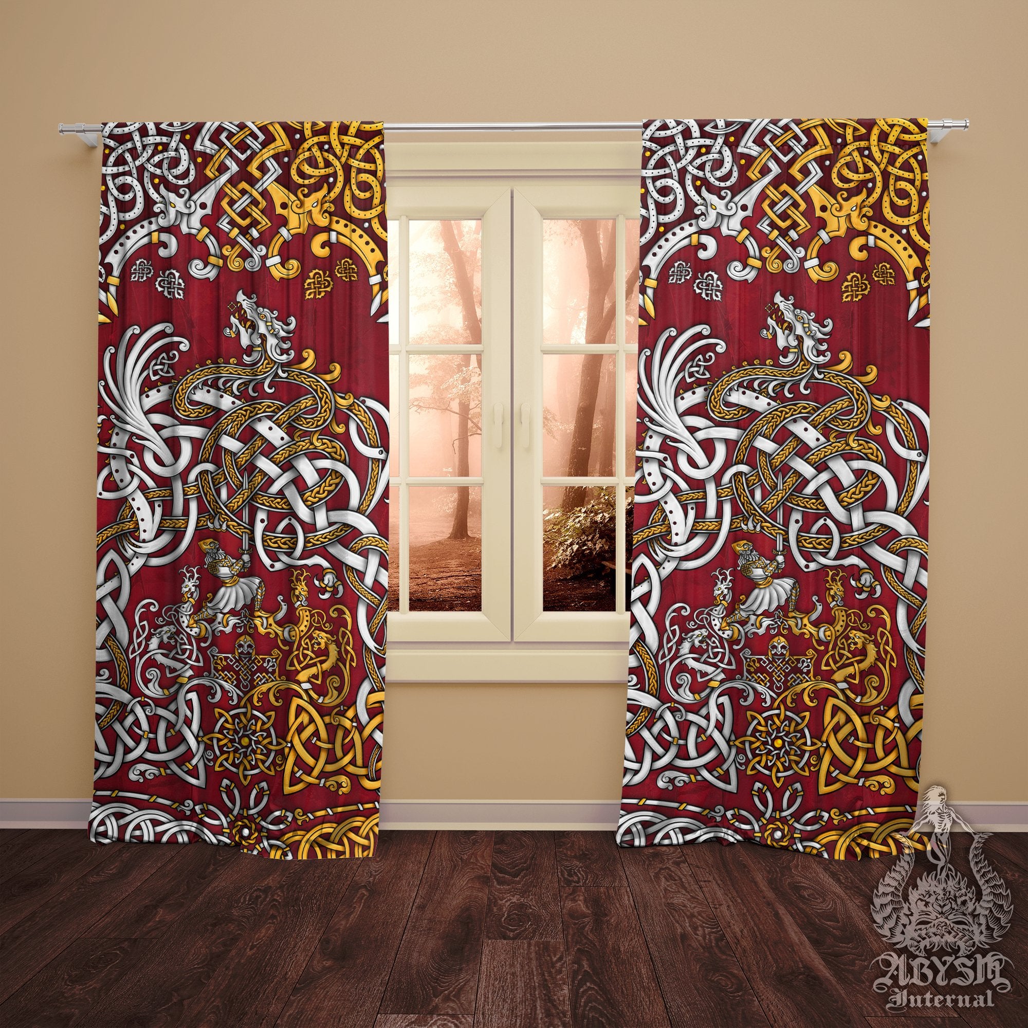 Viking Curtains, 50x84' Printed Window Panels, Norse Room Decor, Nordic Art Print, Sigurd kills Dragon Fafnir - Gold and 3 Colors - Abysm Internal