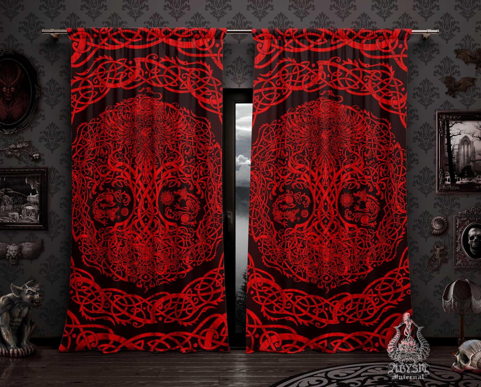 Viking Curtains, 50x84' Printed Window Panels, Yggdrasil, Nordic Tree of Life, Goth Home Decor, Art Print - Red & Black - Abysm Internal