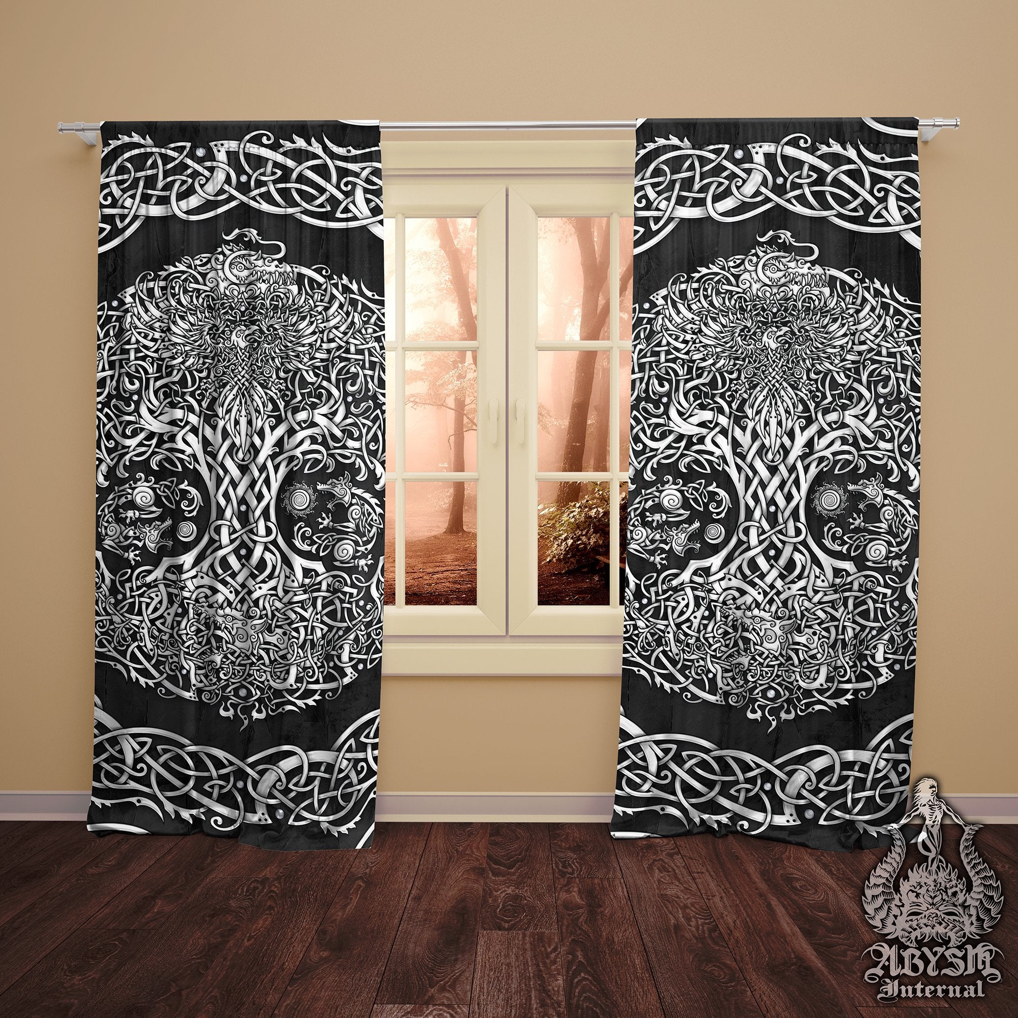 Viking Curtains, 50x84' Printed Window Panels, Yggdrasil, Nordic Tree of Life, Pagan Room Decor, Art Print - White and 3 Colors - Abysm Internal