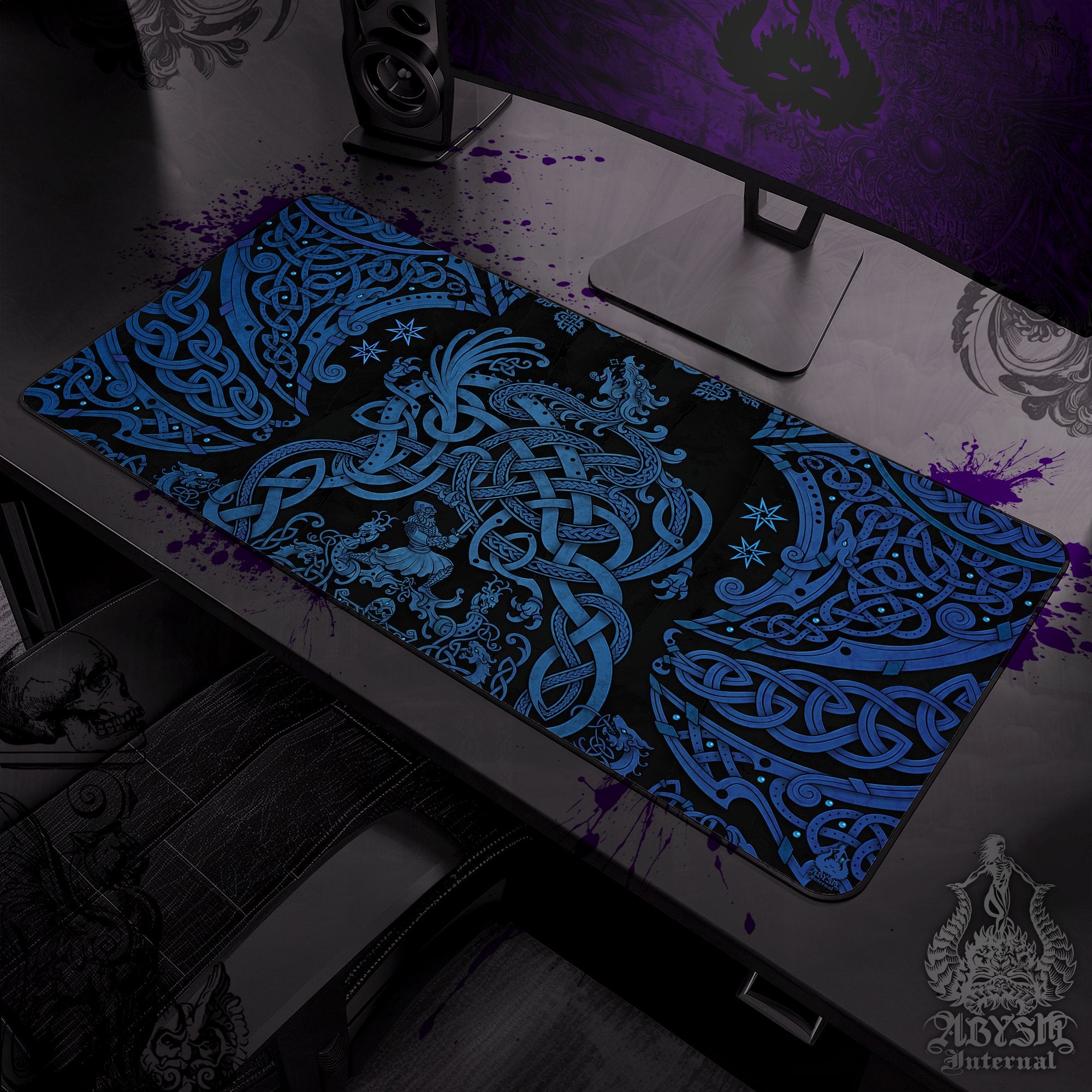 Viking Dragon Gaming Mouse Pad, Norse Knotwork Desk Mat, Nordic Table Protector Cover, Fafnir Workpad, Art Print - Black Blue - Abysm Internal