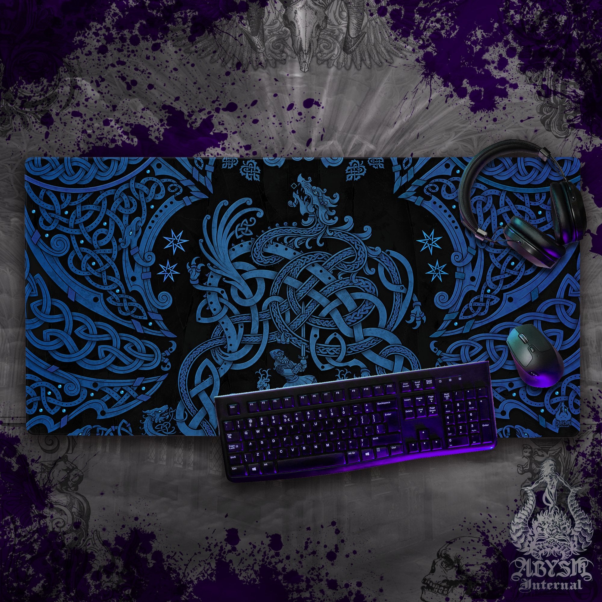 Viking Dragon Gaming Mouse Pad, Norse Knotwork Desk Mat, Nordic Table Protector Cover, Fafnir Workpad, Art Print - Black Blue - Abysm Internal