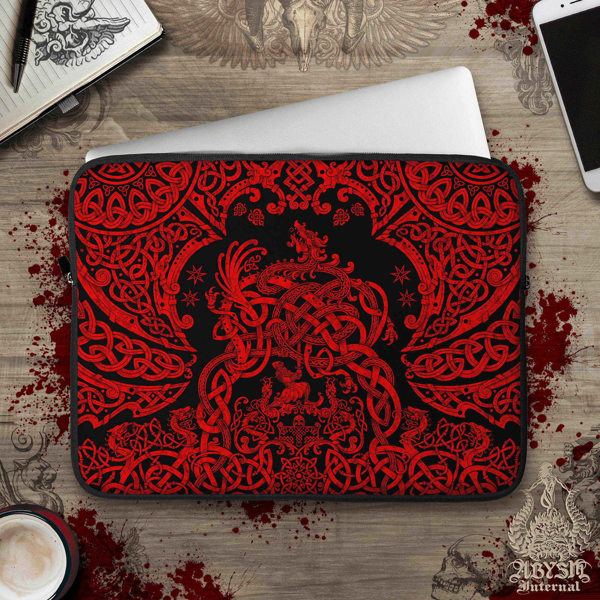 Viking Dragon Laptop Case – Nordic Mythology, Sigurd and Fafnir, Red and Black, 13" & 15", Norse Knotwork Art, Printed Padded Soft Sleeve - Abysm Internal