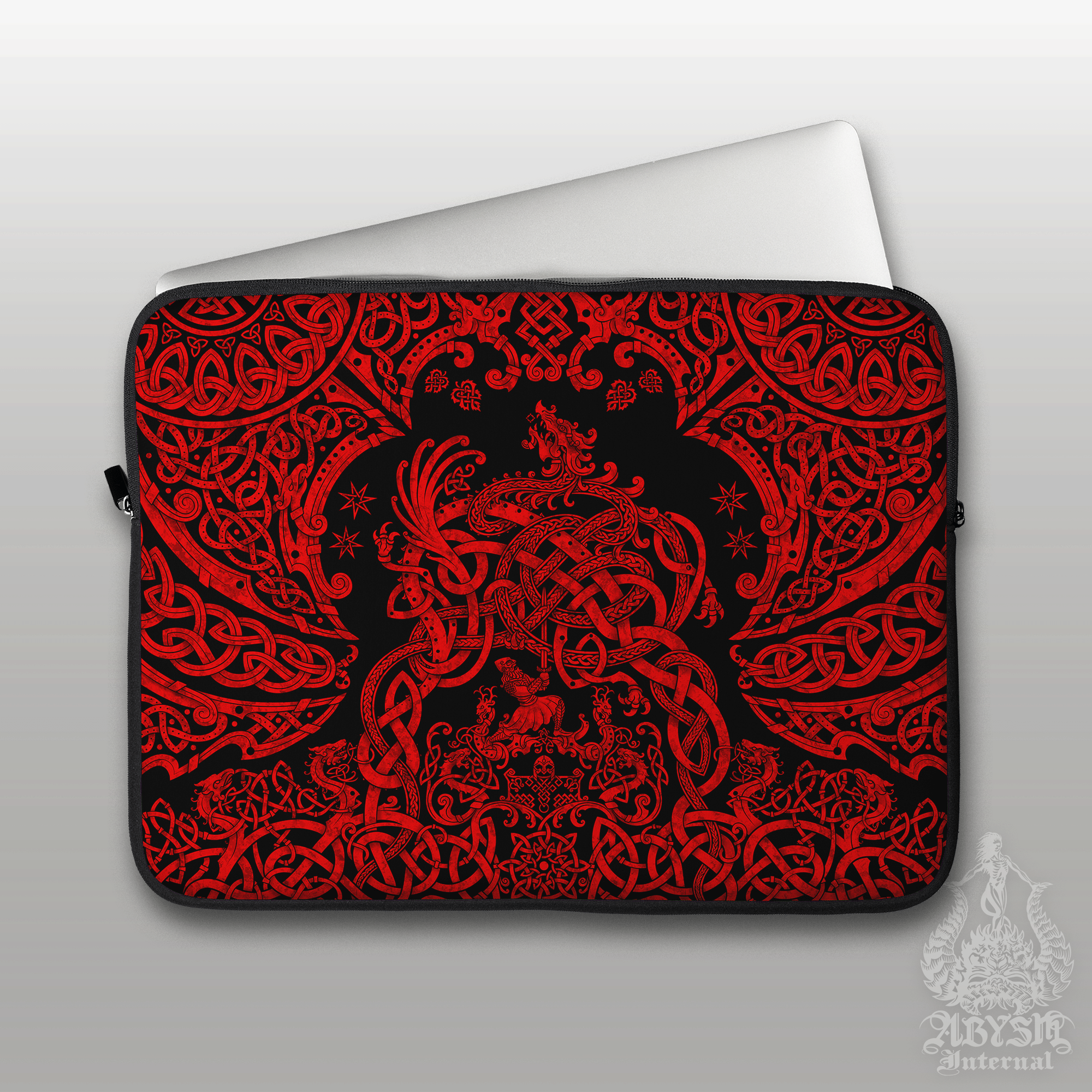 Viking Dragon Laptop Case – Nordic Mythology, Sigurd and Fafnir, Red and Black, 13" & 15", Norse Knotwork Art, Printed Padded Soft Sleeve - Abysm Internal