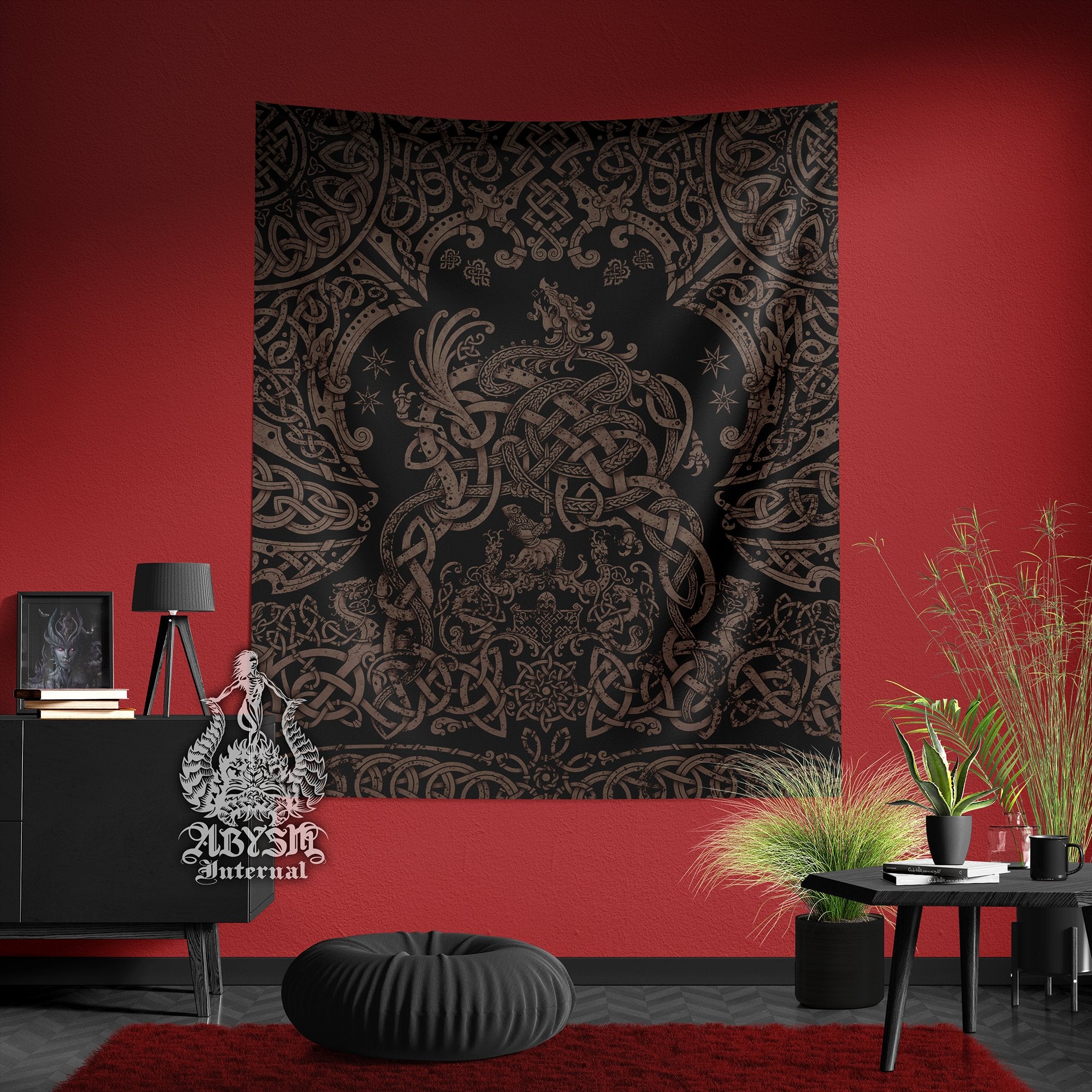 Viking Dragon Tapestry, Nordic Wall Hanging, Pagan Home Decor, Norse Vertical Art Print, Fafnir - Black Grey Grit - Abysm Internal