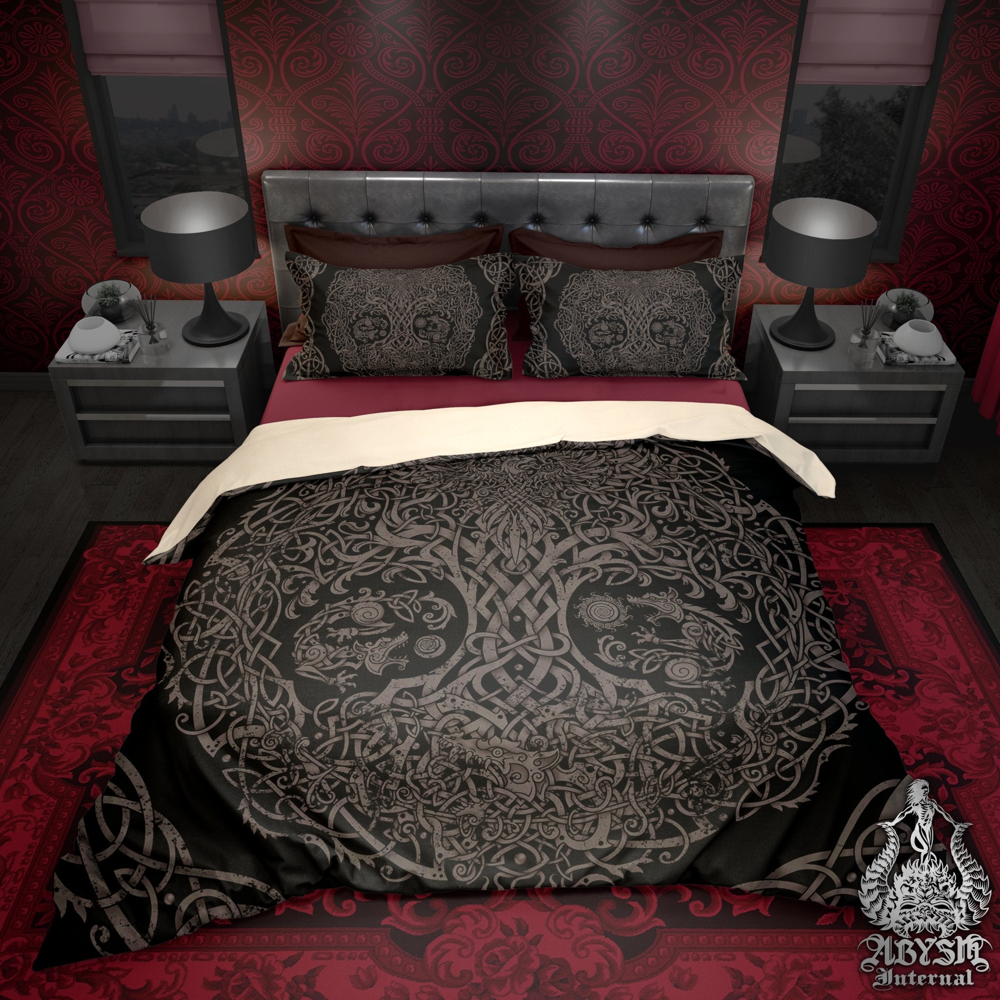 Viking Duvet Cover, Bed Covering, Yggdrasil Comforter, Bedroom Decor, Norse Art, King, Queen & Twin Bedding Set - Black Grey Grit - Abysm Internal
