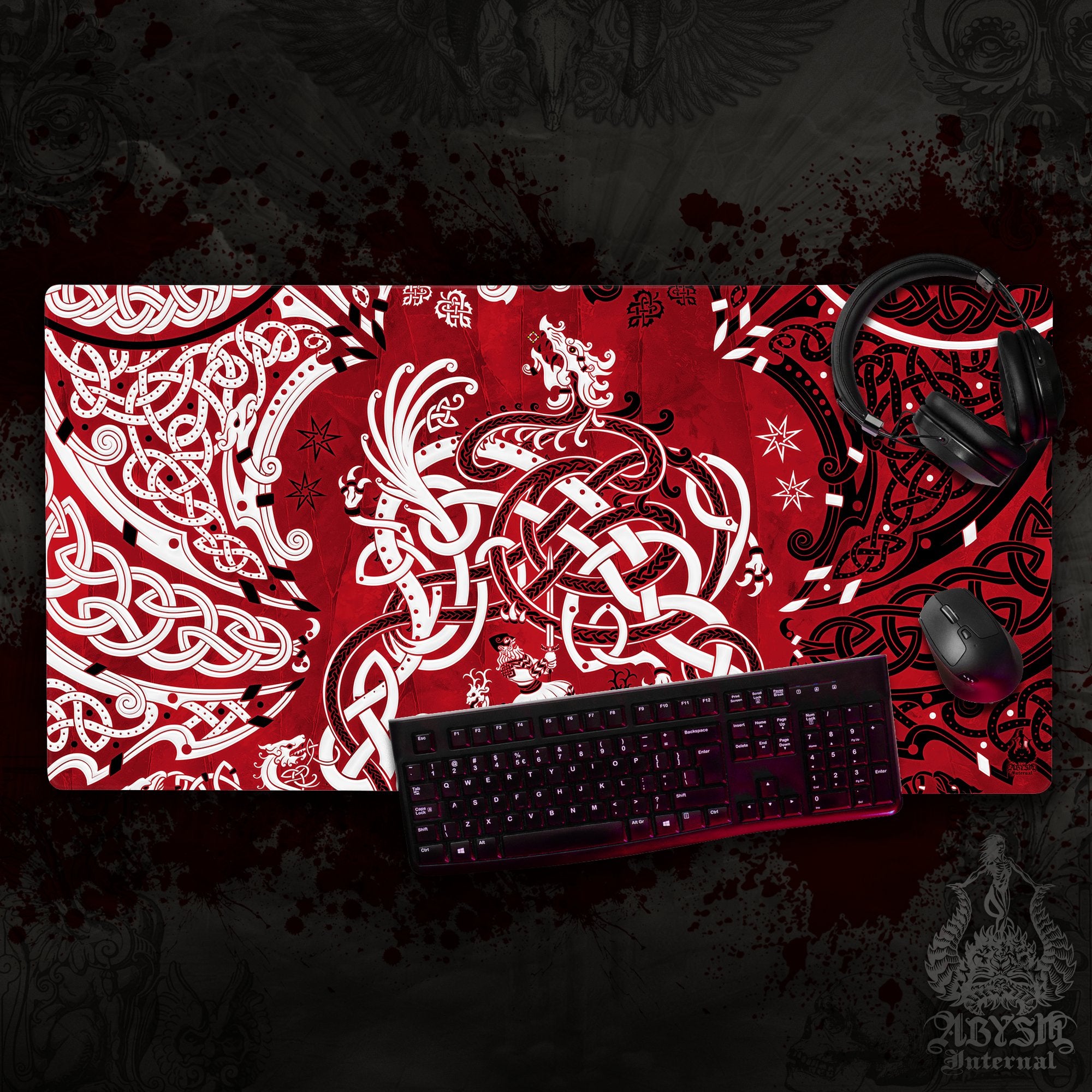 Viking Gaming Desk Mat, Norse Dragon Mouse Pad, Nordic Knotwork Table Protector Cover, Fafnir Workpad, Art Print - Bloody Red - Abysm Internal