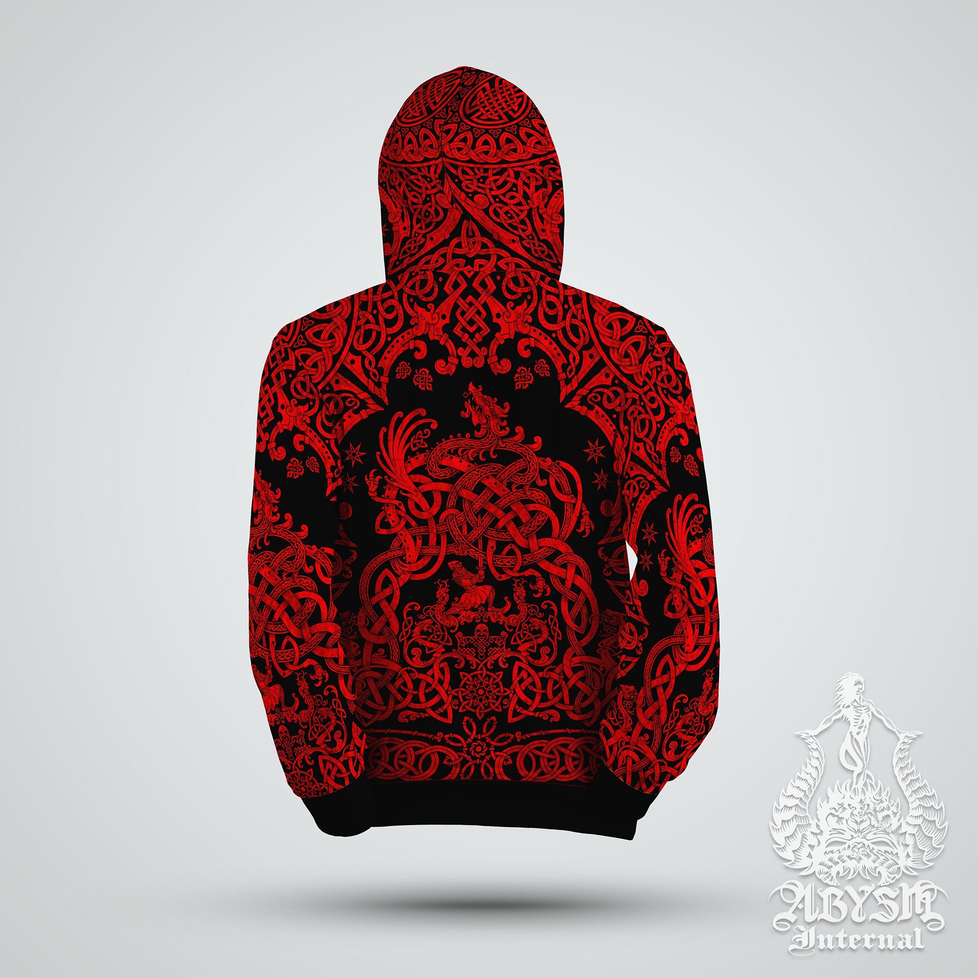 Viking Hoodie, Black and Red Pullover, Street Outfit, Norse Sweater, Nordic Art Streetwear, Alternative Clothing, Unisex - Dragon Fafnir - Abysm Internal
