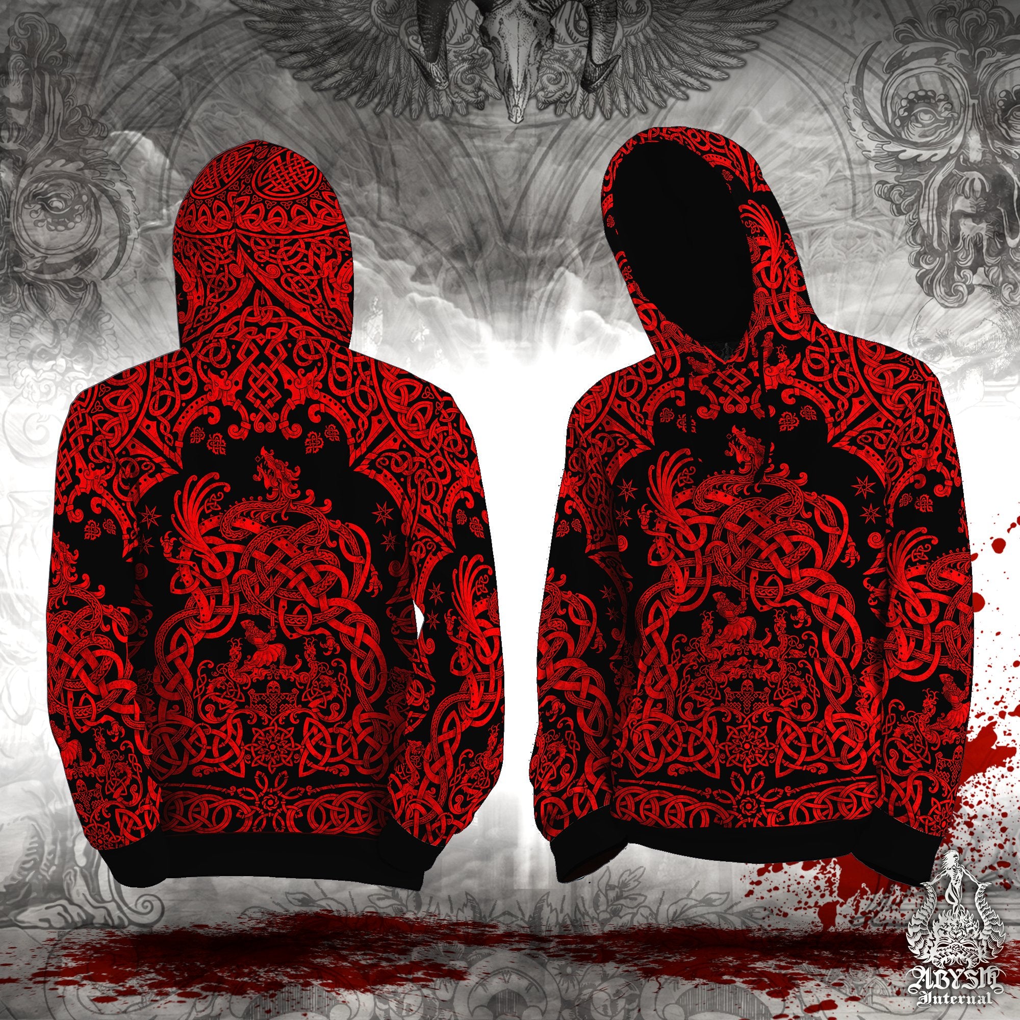 Viking Hoodie, Black and Red Pullover, Street Outfit, Norse Sweater, Nordic Art Streetwear, Alternative Clothing, Unisex - Dragon Fafnir - Abysm Internal