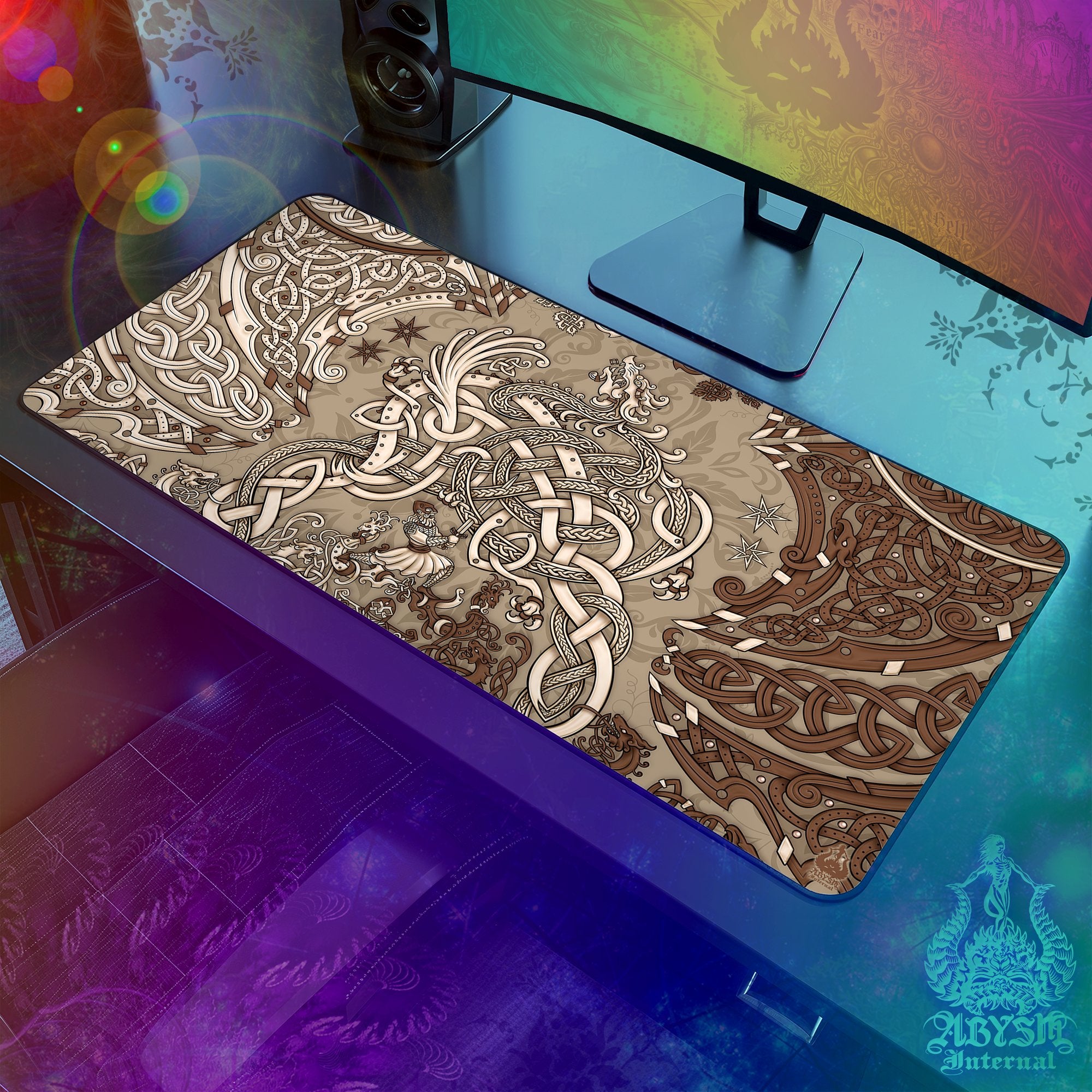 Viking Mouse Pad, Norse Dragon Gaming Desk Mat, Nordic Knotwork Workpad, Fafnir Table Protector Cover, Art Print - Cream - Abysm Internal