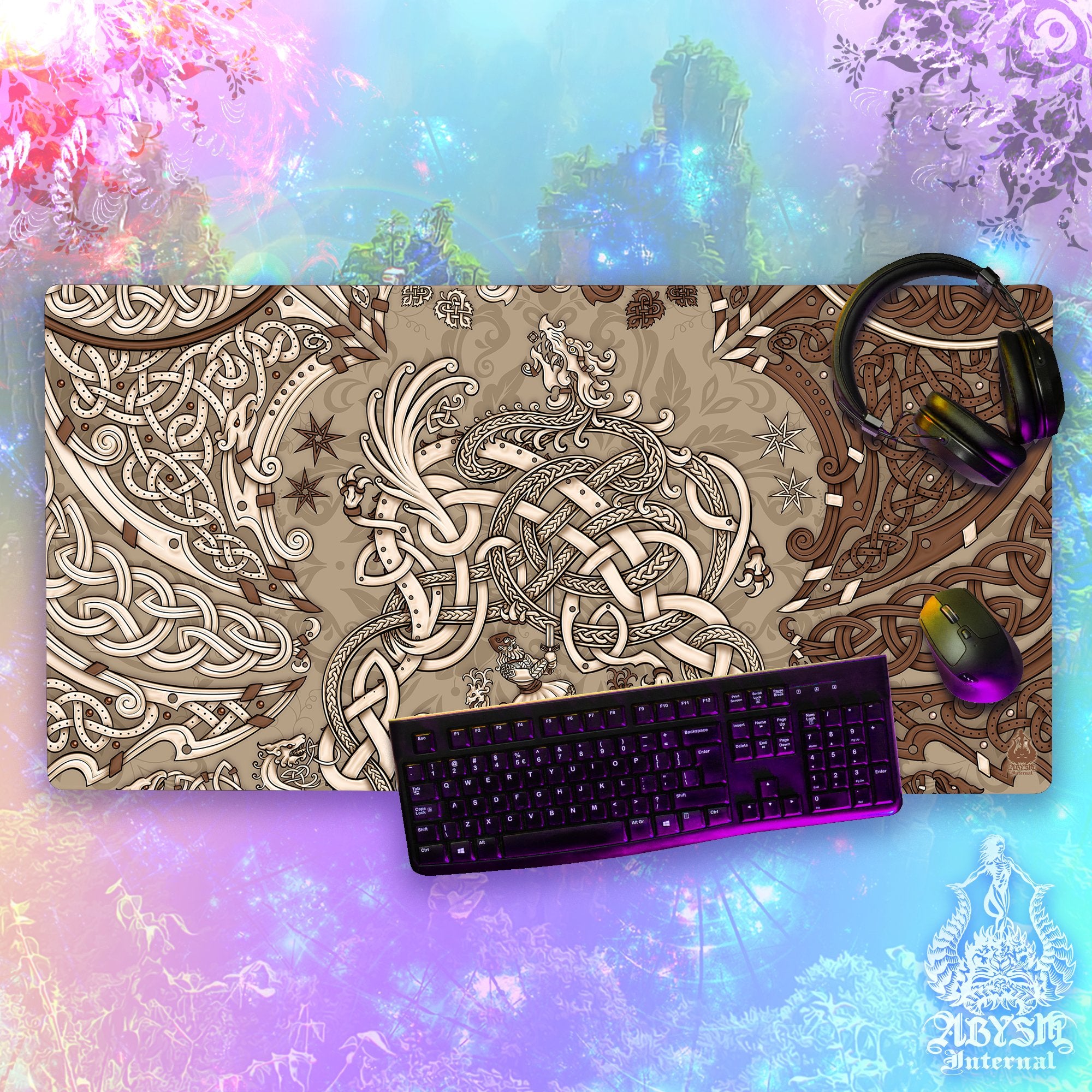 Viking Mouse Pad, Norse Dragon Gaming Desk Mat, Nordic Knotwork Workpad, Fafnir Table Protector Cover, Art Print - Cream - Abysm Internal