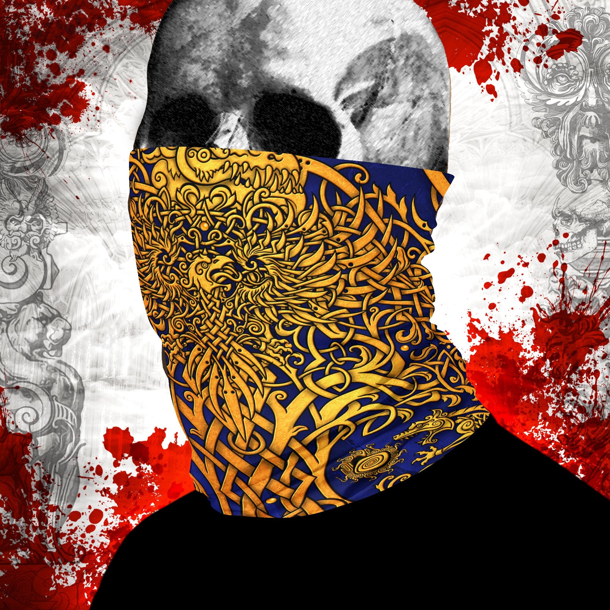 Viking Neck Gaiter, Face Mask, Printed Head Covering, Celtic, Yggdrasil, Tree of Life Nordic Art - White and Gold, 6 Colors - Abysm Internal