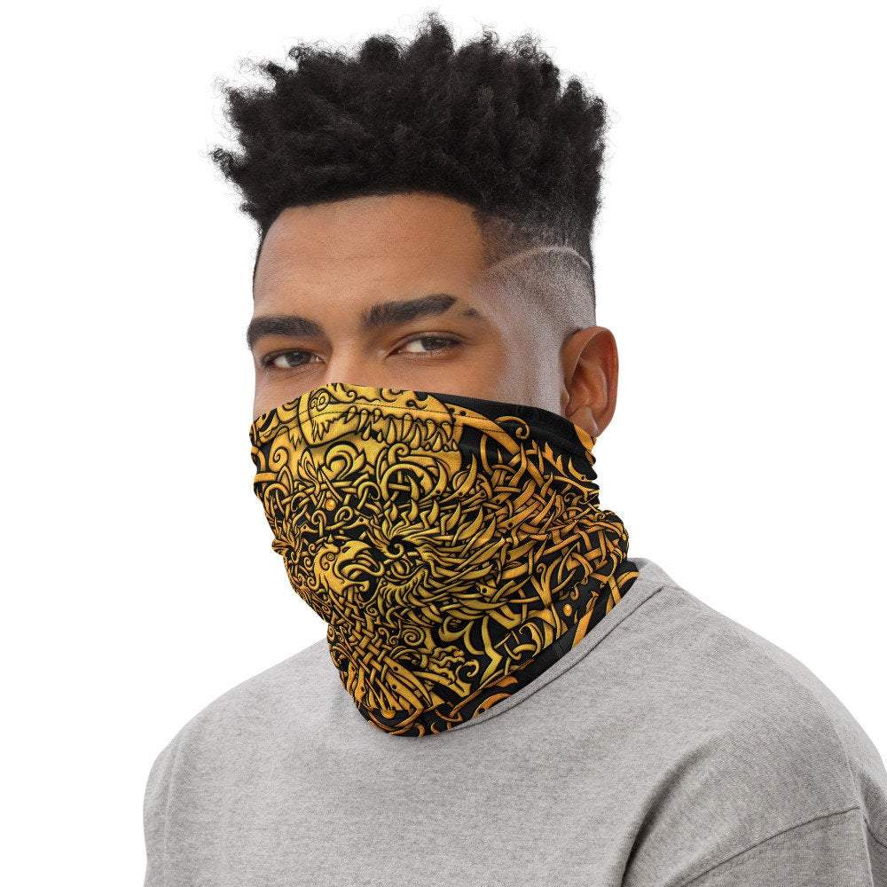 Viking Neck Gaiter, Face Mask, Printed Head Covering, Celtic, Yggdrasil, Tree of Life Nordic Art - White and Gold, 6 Colors - Abysm Internal