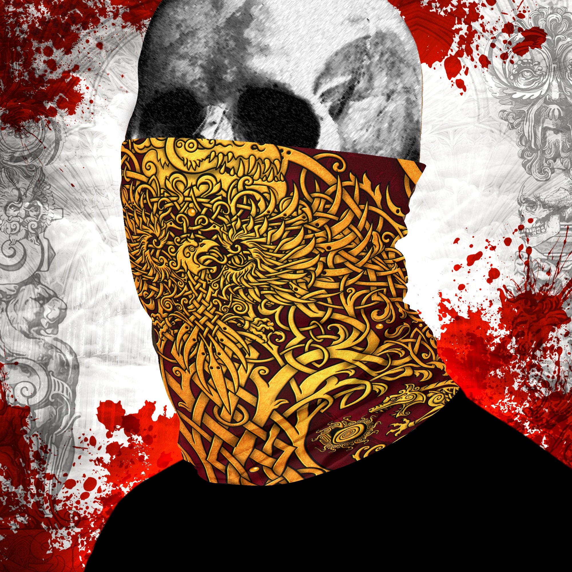 Viking Neck Gaiter, Face Mask, Printed Head Covering, Celtic, Yggdrasil, Tree of Life Nordic Art - White and Gold, 6 Colors - Abysm Internal