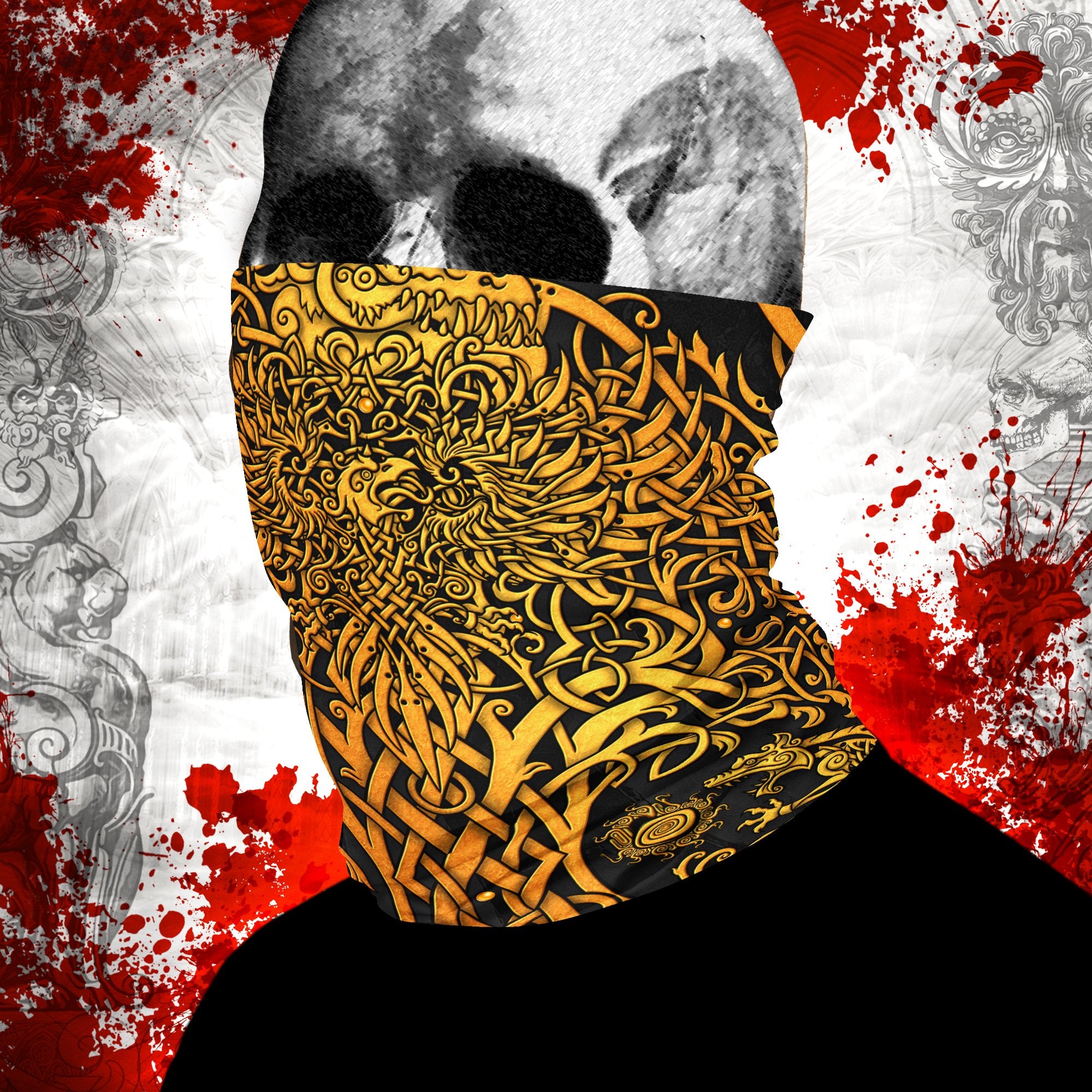 Viking Neck Gaiter, Face Mask, Printed Head Covering, Celtic, Yggdrasil, Tree of Life Nordic Art - White and Gold, 6 Colors - Abysm Internal