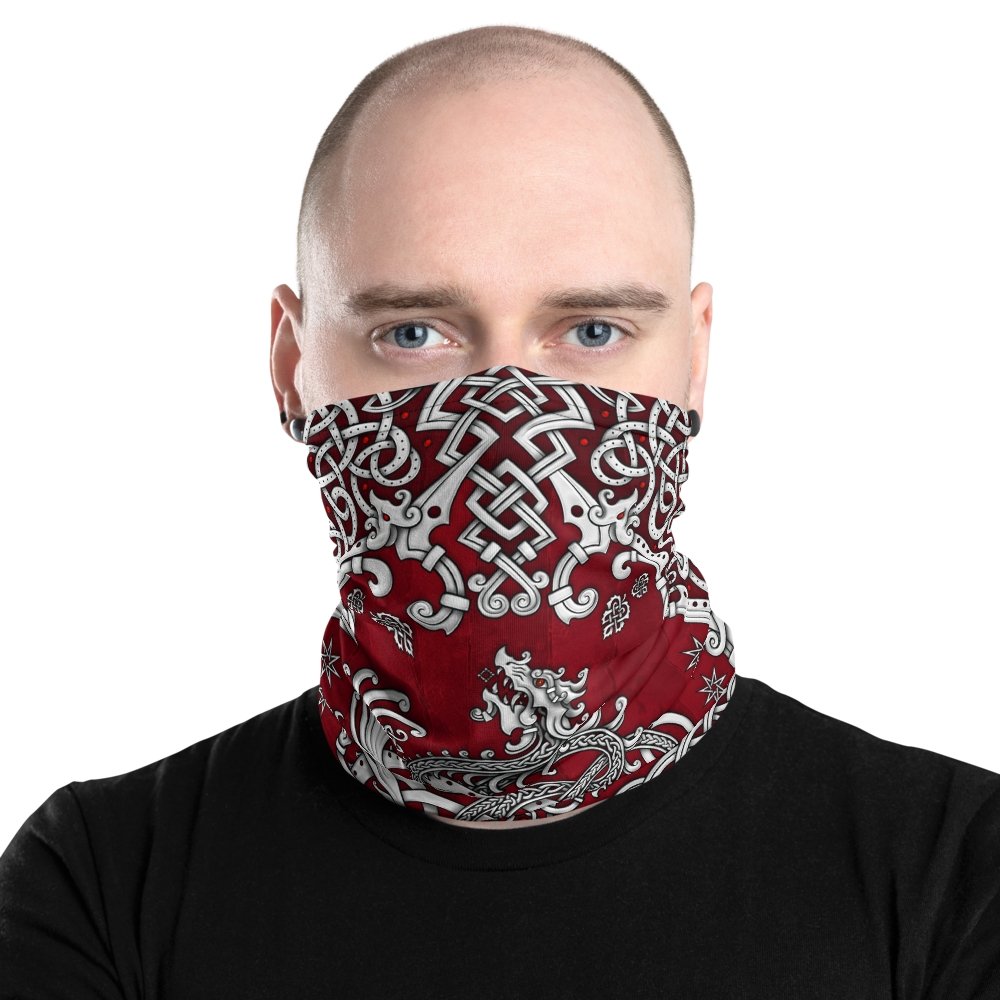 Viking Neck Gaiter, Face Mask, Printed Head Covering, Dragon Fafnir, Nordic Art - Gold and White, 6 Colors - Abysm Internal