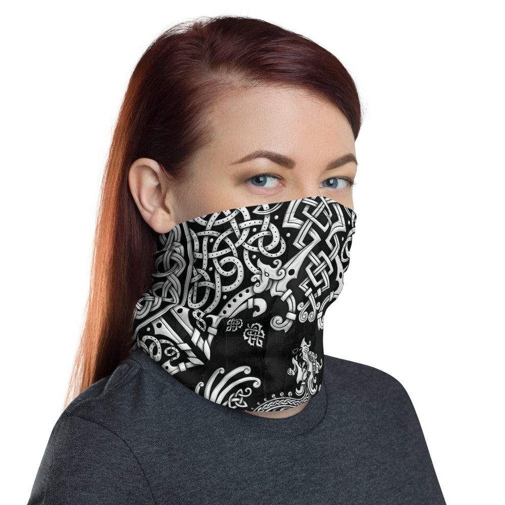 Viking Neck Gaiter, Face Mask, Printed Head Covering, Dragon Fafnir, Nordic Art - Gold and White, 6 Colors - Abysm Internal