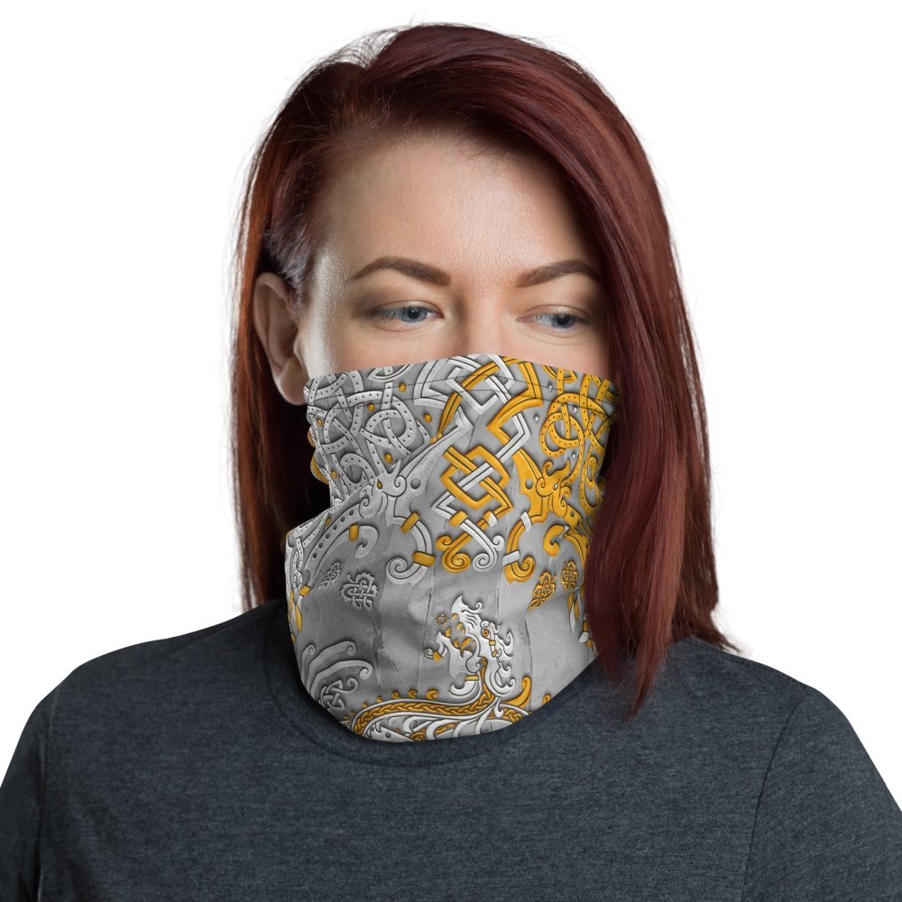 Viking Neck Gaiter, Face Mask, Printed Head Covering, Dragon Fafnir, Nordic Art - Stone and Gold, 2 Colors - Abysm Internal