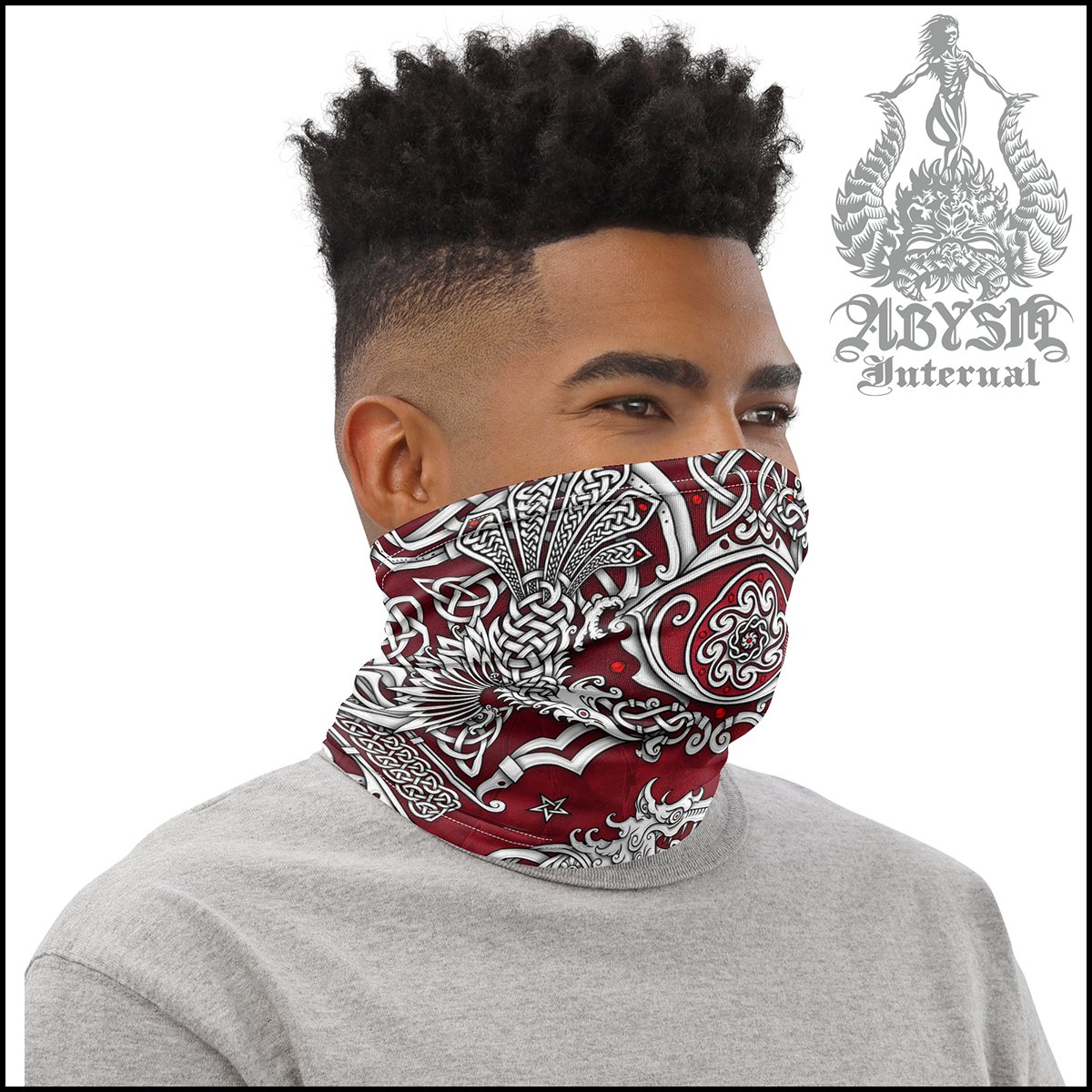 Viking Neck Gaiter, Fenrir Face Mask, Nordic Wolf Printed Head Covering, Norse Art - White, 3 Colors - Abysm Internal