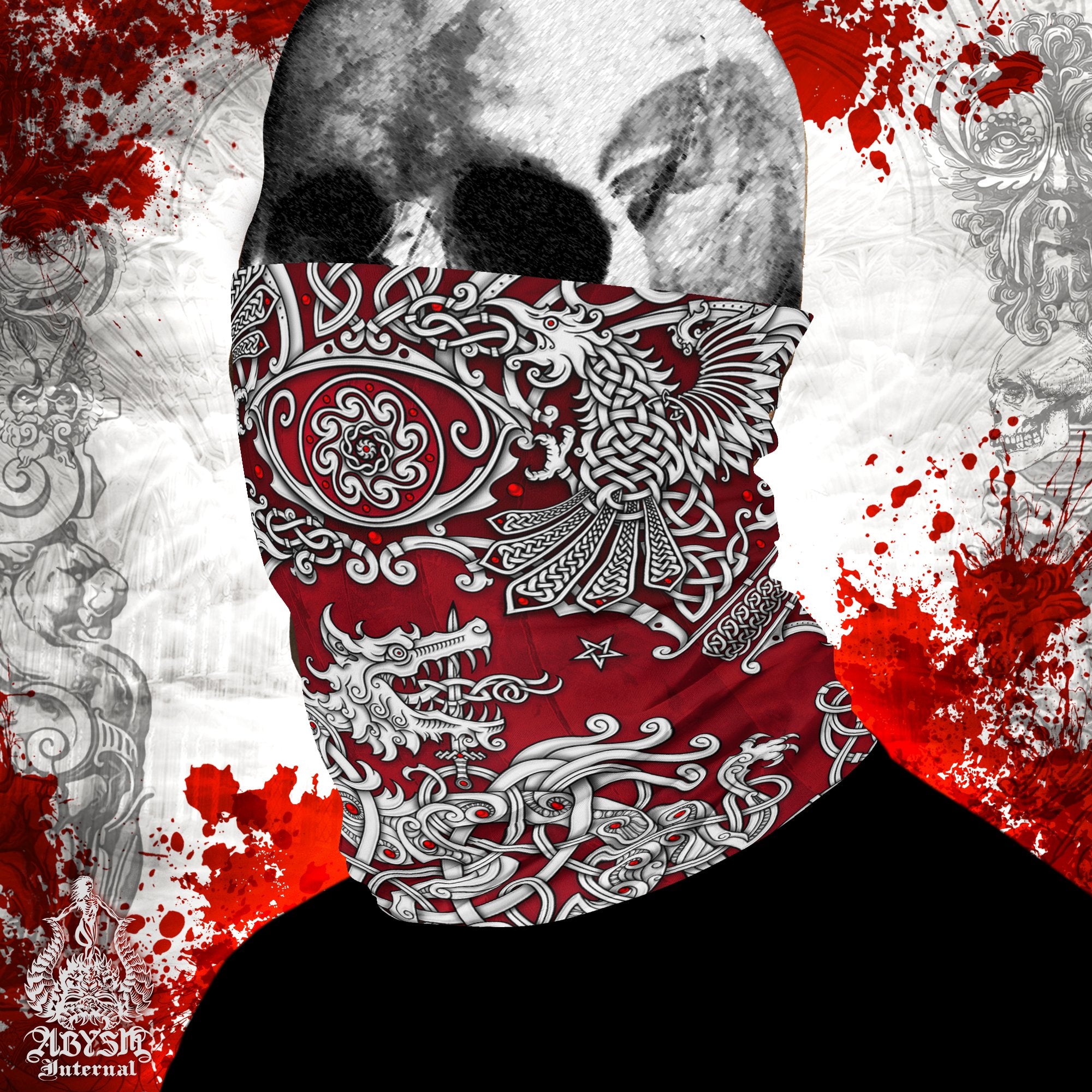 Viking Neck Gaiter, Fenrir Face Mask, Nordic Wolf Printed Head Covering, Norse Art - White, 3 Colors - Abysm Internal