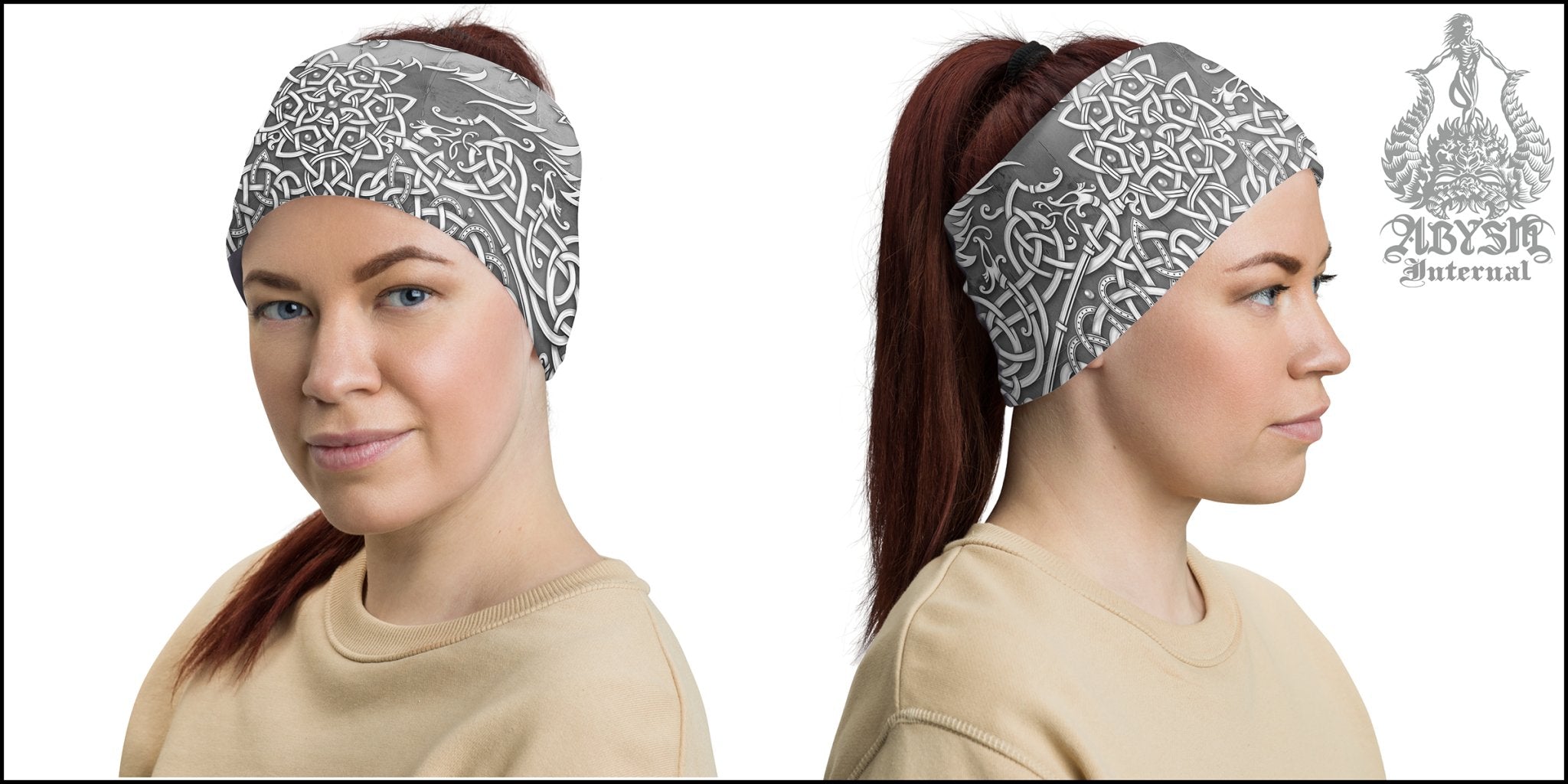Viking Neck Gaiter, Fenrir Face Mask, Norse Wolf Printed Head Covering, Nordic Art - Stone - Abysm Internal