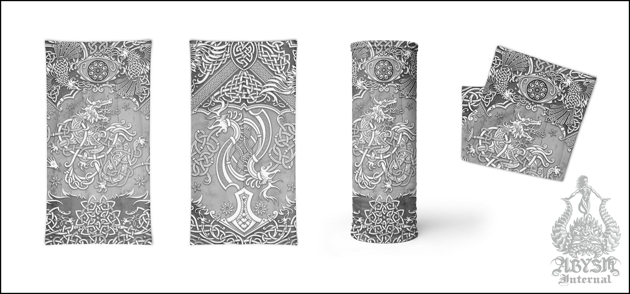 Viking Neck Gaiter, Fenrir Face Mask, Norse Wolf Printed Head Covering, Nordic Art - Stone - Abysm Internal