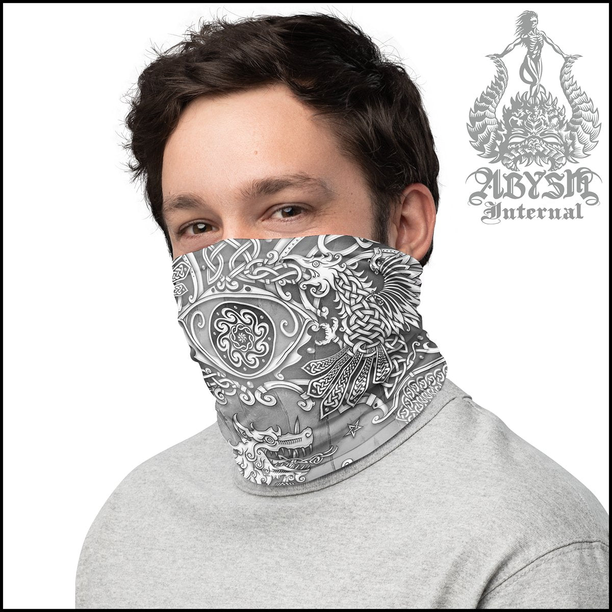 Viking Neck Gaiter, Fenrir Face Mask, Norse Wolf Printed Head Covering, Nordic Art - Stone - Abysm Internal