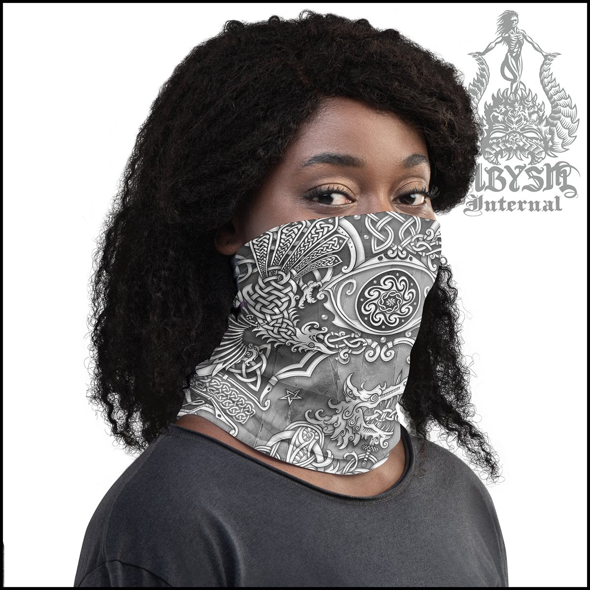 Viking Neck Gaiter, Fenrir Face Mask, Norse Wolf Printed Head Covering, Nordic Art - Stone - Abysm Internal