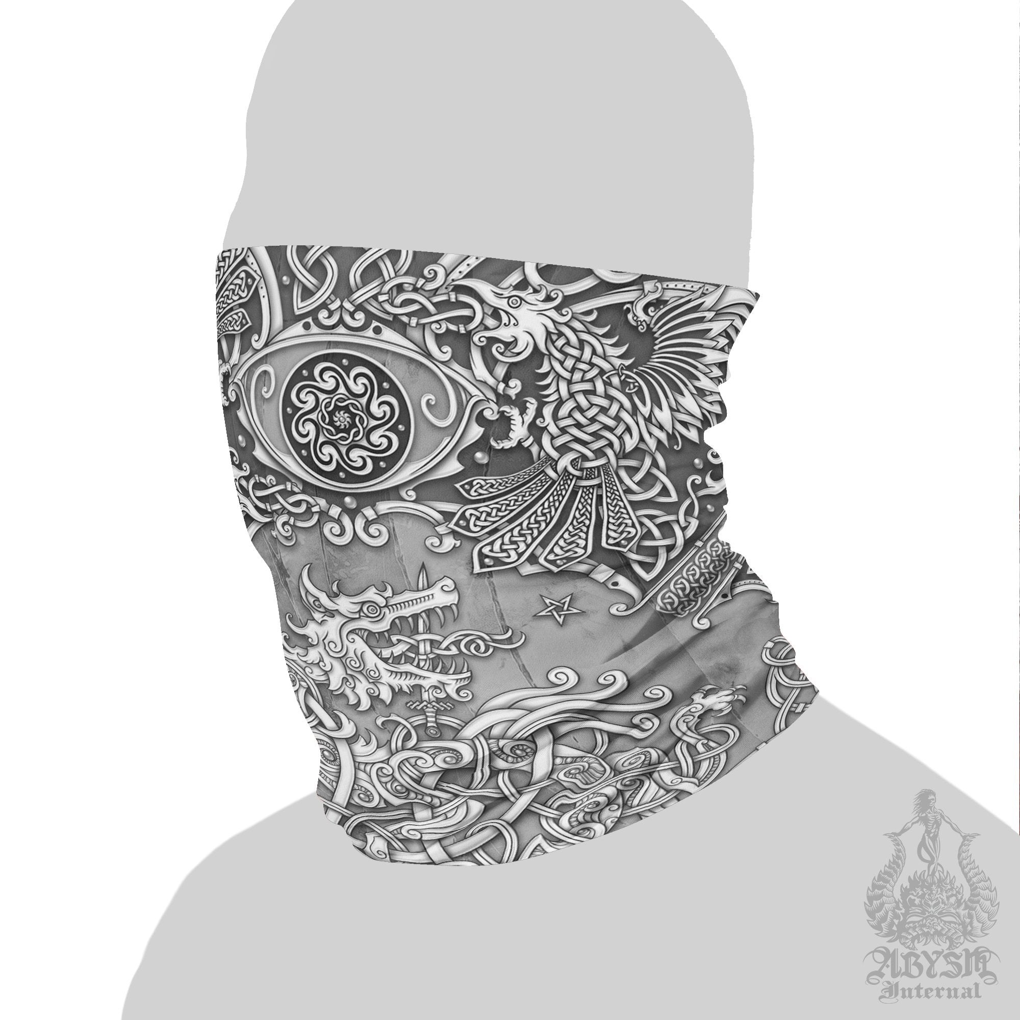 Viking Neck Gaiter, Fenrir Face Mask, Norse Wolf Printed Head Covering, Nordic Art - Stone - Abysm Internal