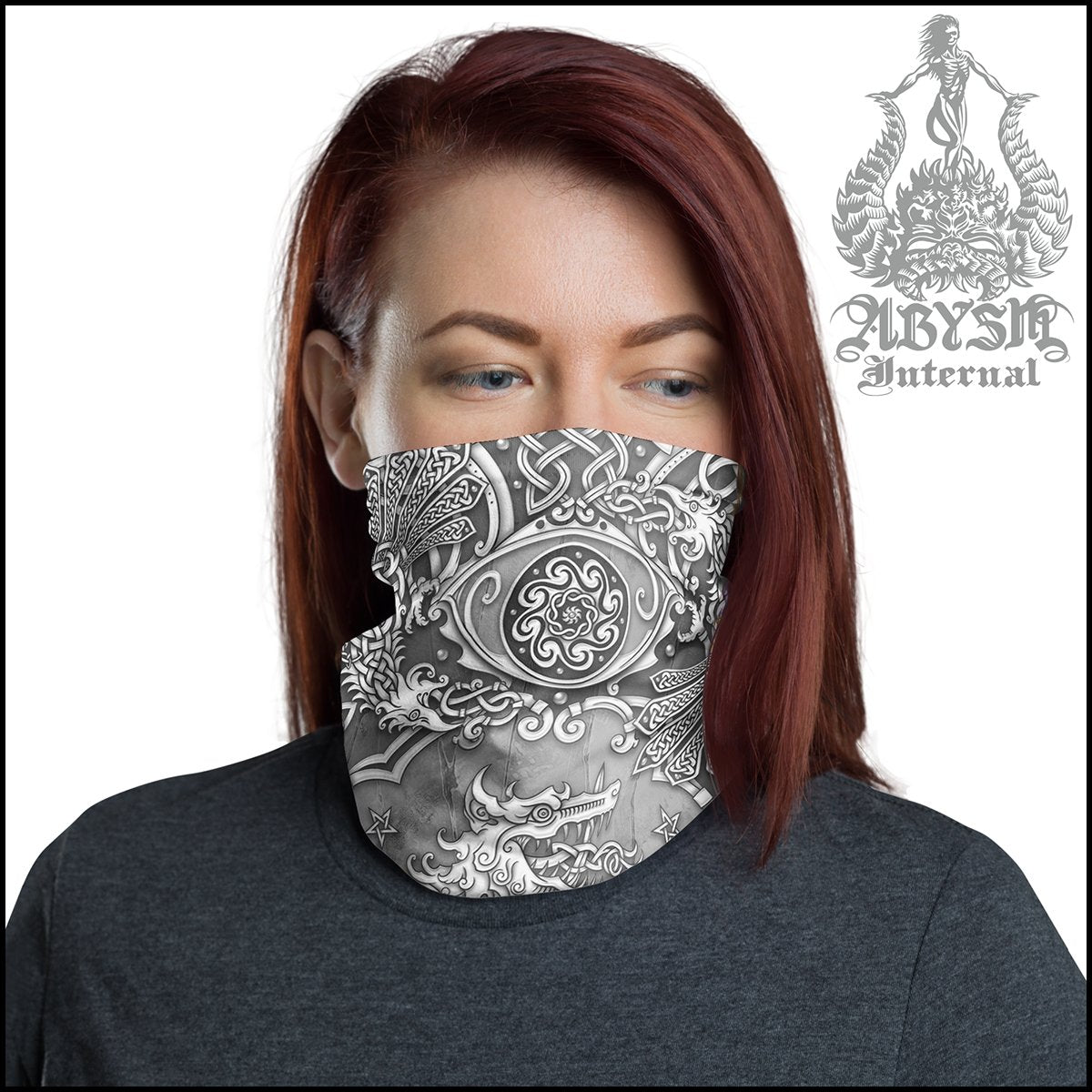 Viking Neck Gaiter, Fenrir Face Mask, Norse Wolf Printed Head Covering, Nordic Art - Stone - Abysm Internal