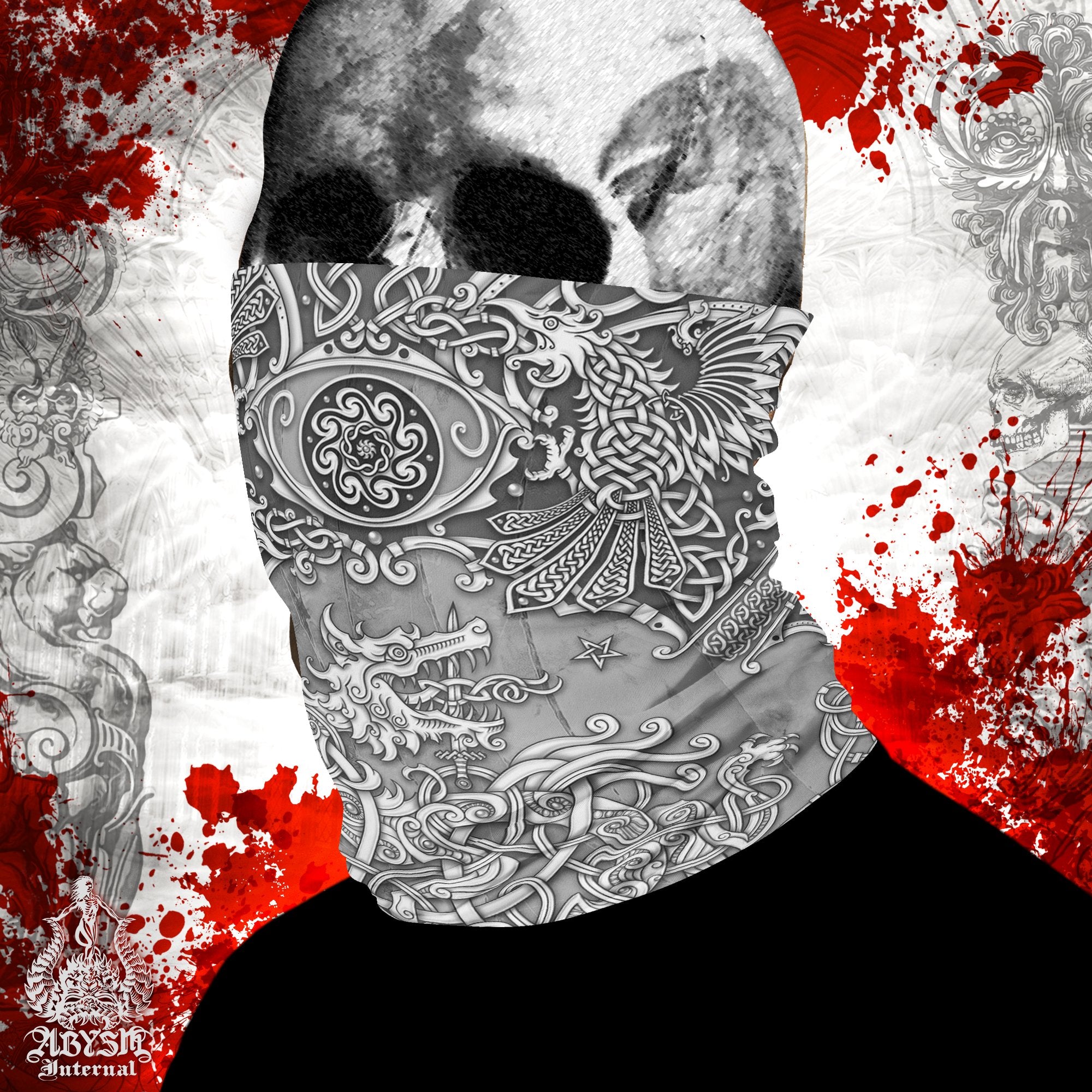 Viking Neck Gaiter, Fenrir Face Mask, Norse Wolf Printed Head Covering, Nordic Art - Stone - Abysm Internal