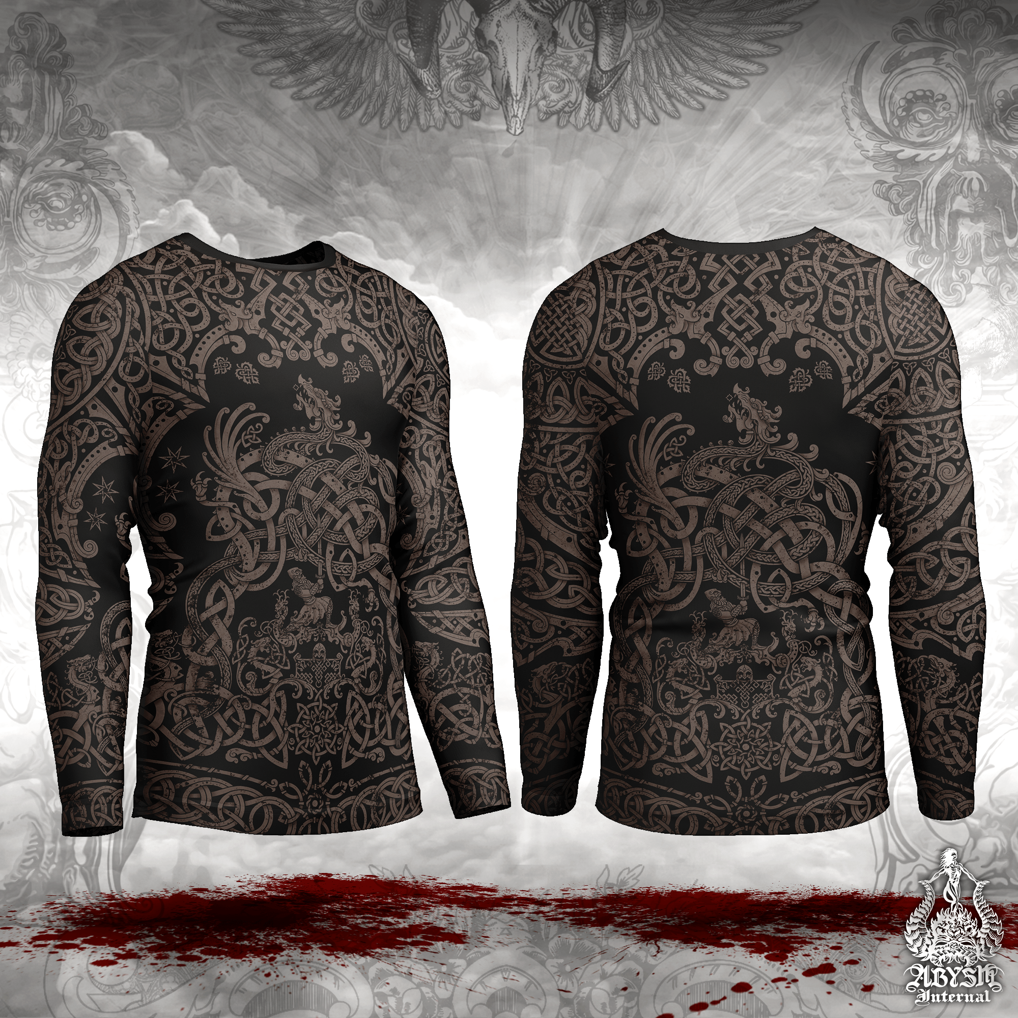 Viking Rash Guard - Black Norse Dragon Long Sleeve Surf Shirt, Grey Grit Nordic Sports Top | Fafnir, Knotwork Pattern Art UV Protection Activewear for Men and Women - Abysm Internal
