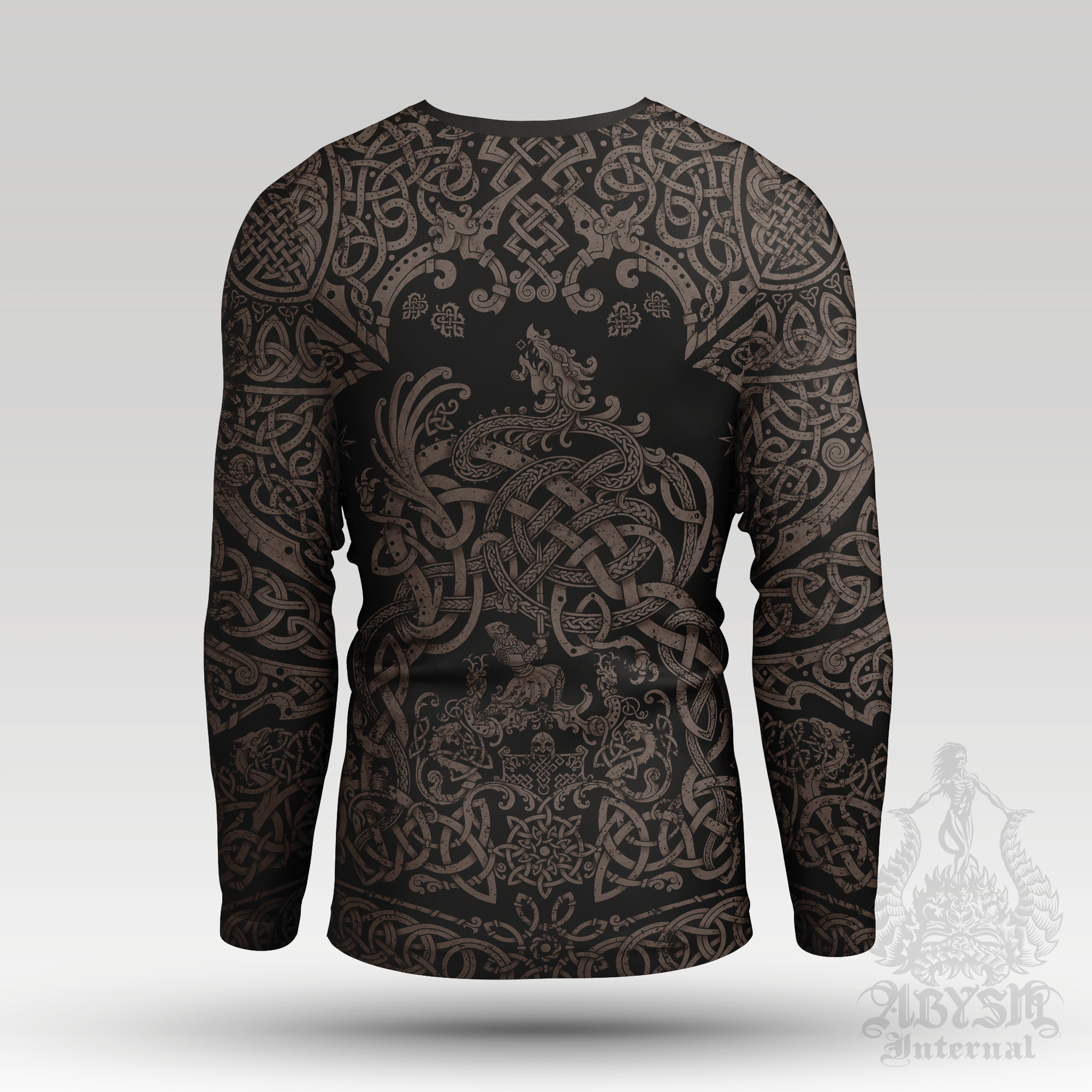 Viking Rash Guard - Black Norse Dragon Long Sleeve Surf Shirt, Grey Grit Nordic Sports Top | Fafnir, Knotwork Pattern Art UV Protection Activewear for Men and Women - Abysm Internal