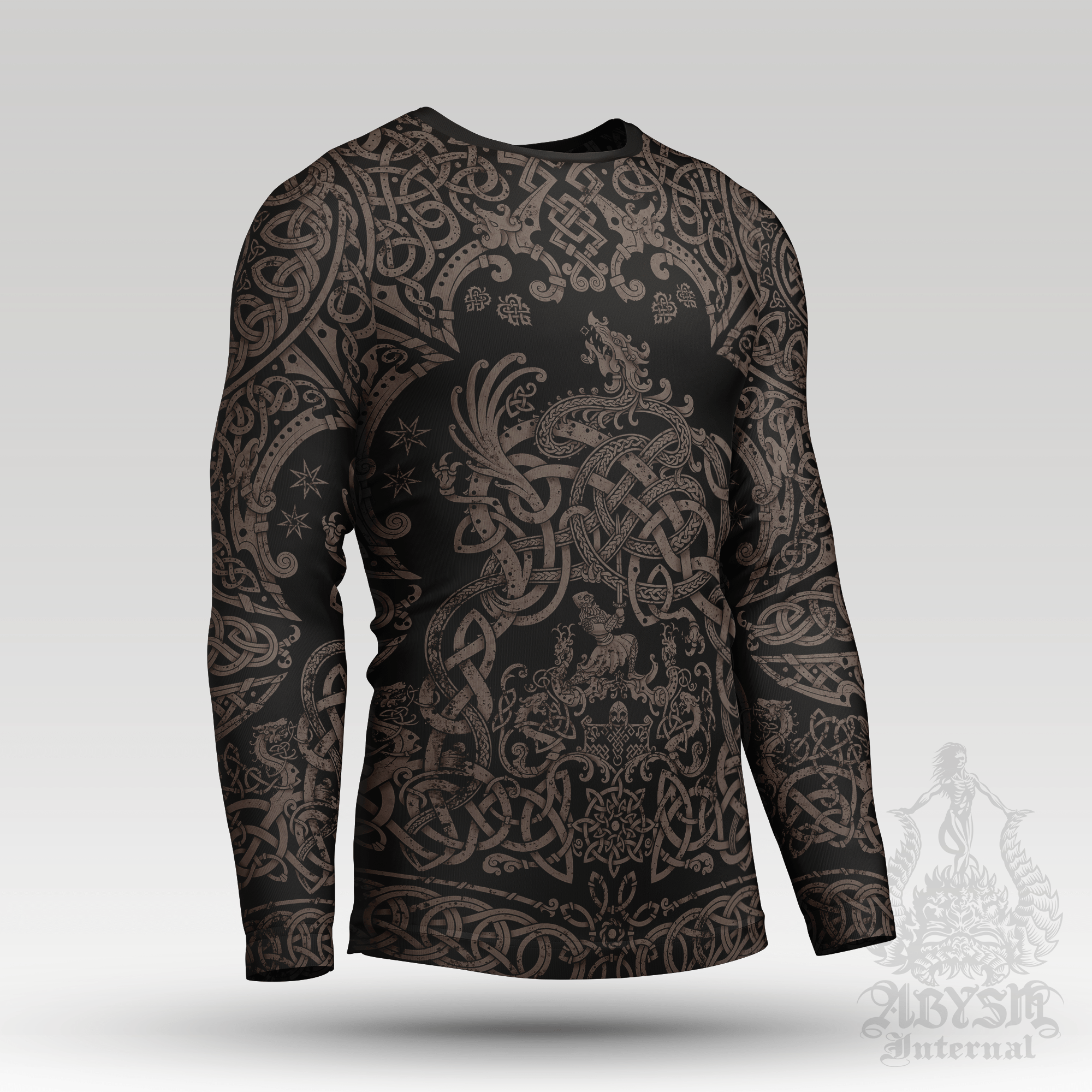 Viking Rash Guard - Black Norse Dragon Long Sleeve Surf Shirt, Grey Grit Nordic Sports Top | Fafnir, Knotwork Pattern Art UV Protection Activewear for Men and Women - Abysm Internal