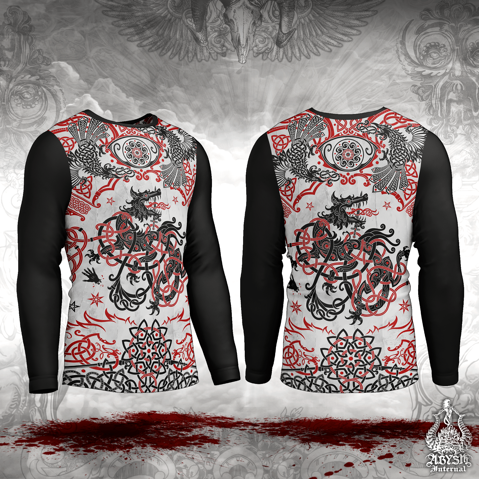 Viking Rash Guard - White Norse Fenrir Long Sleeve Surf Shirt, Red and Black Nordic Wolf Sports Top | Knotwork Pattern Art UV Protection Activewear for Men and Women - Abysm Internal