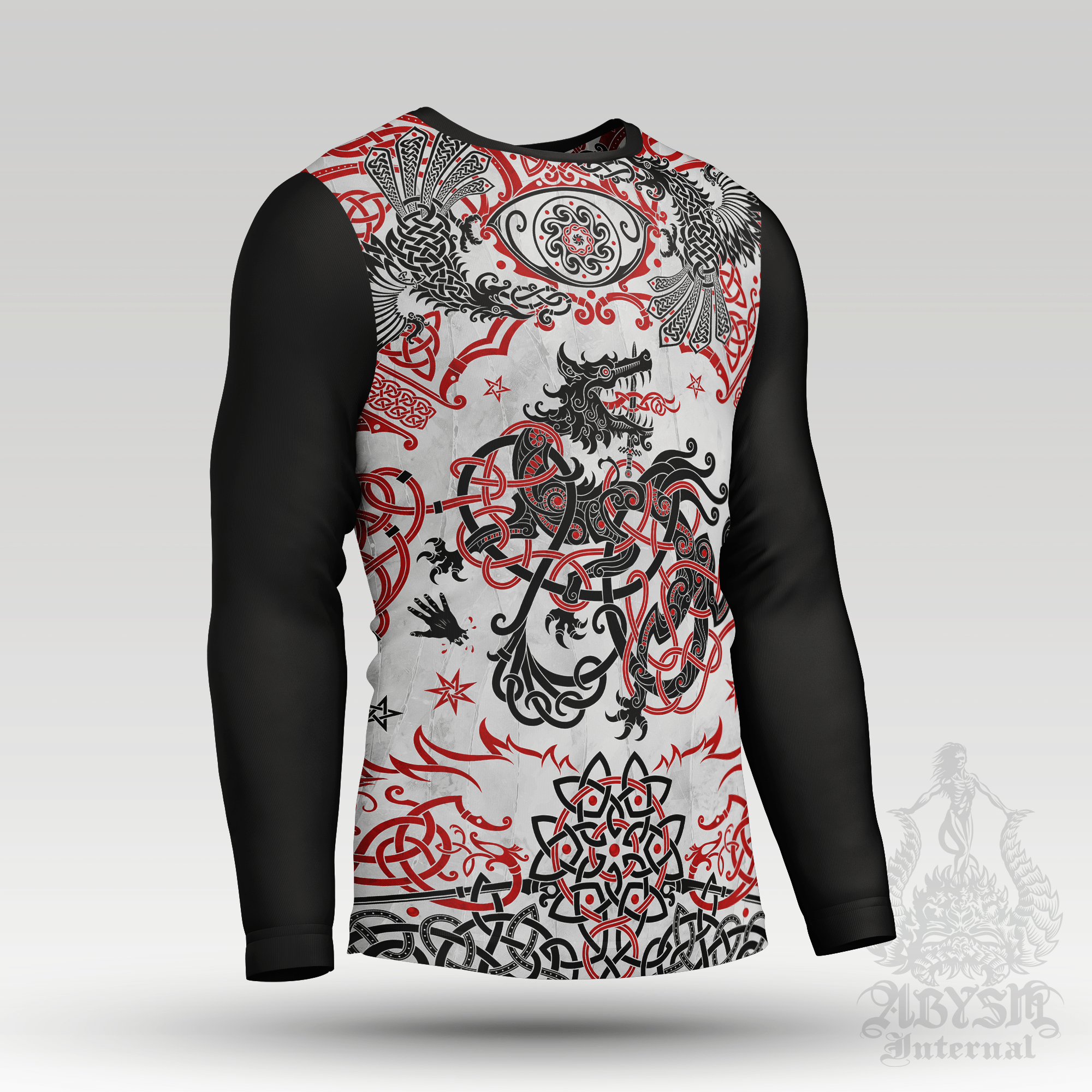 Viking Rash Guard - White Norse Fenrir Long Sleeve Surf Shirt, Red and Black Nordic Wolf Sports Top | Knotwork Pattern Art UV Protection Activewear for Men and Women - Abysm Internal